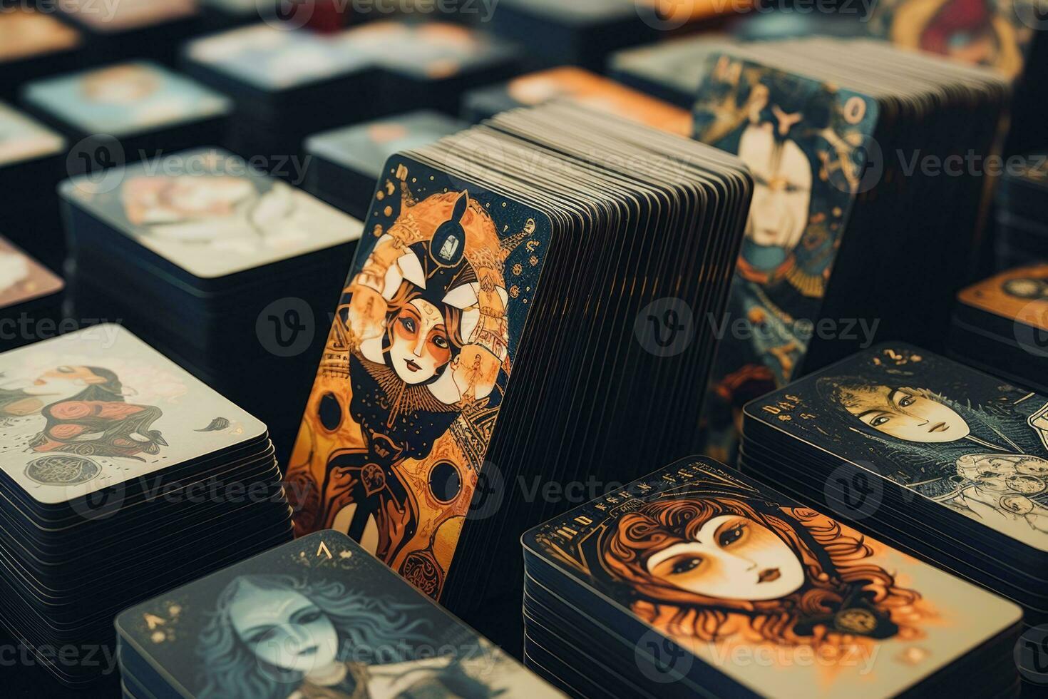 Stacks of different tarot cards with intricate illustrations. Esoteric and occult background. Fortune telling and divination ritual. Mystic concept. Generative AI photo