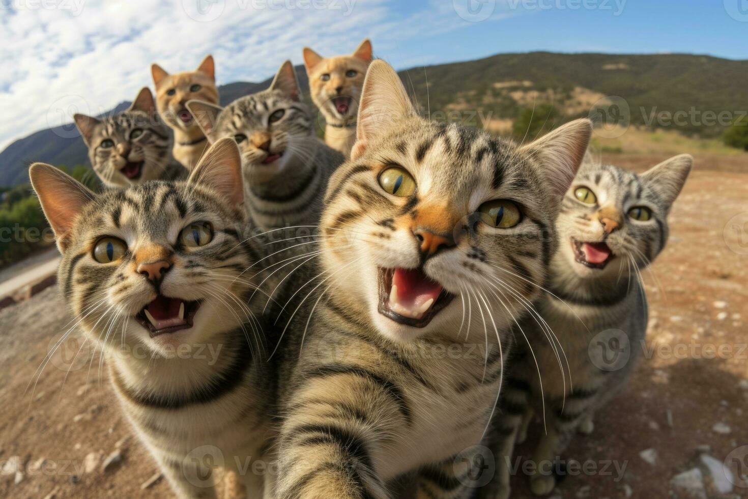A group of cats taking a selfie on a blurred background. Generative AI photo