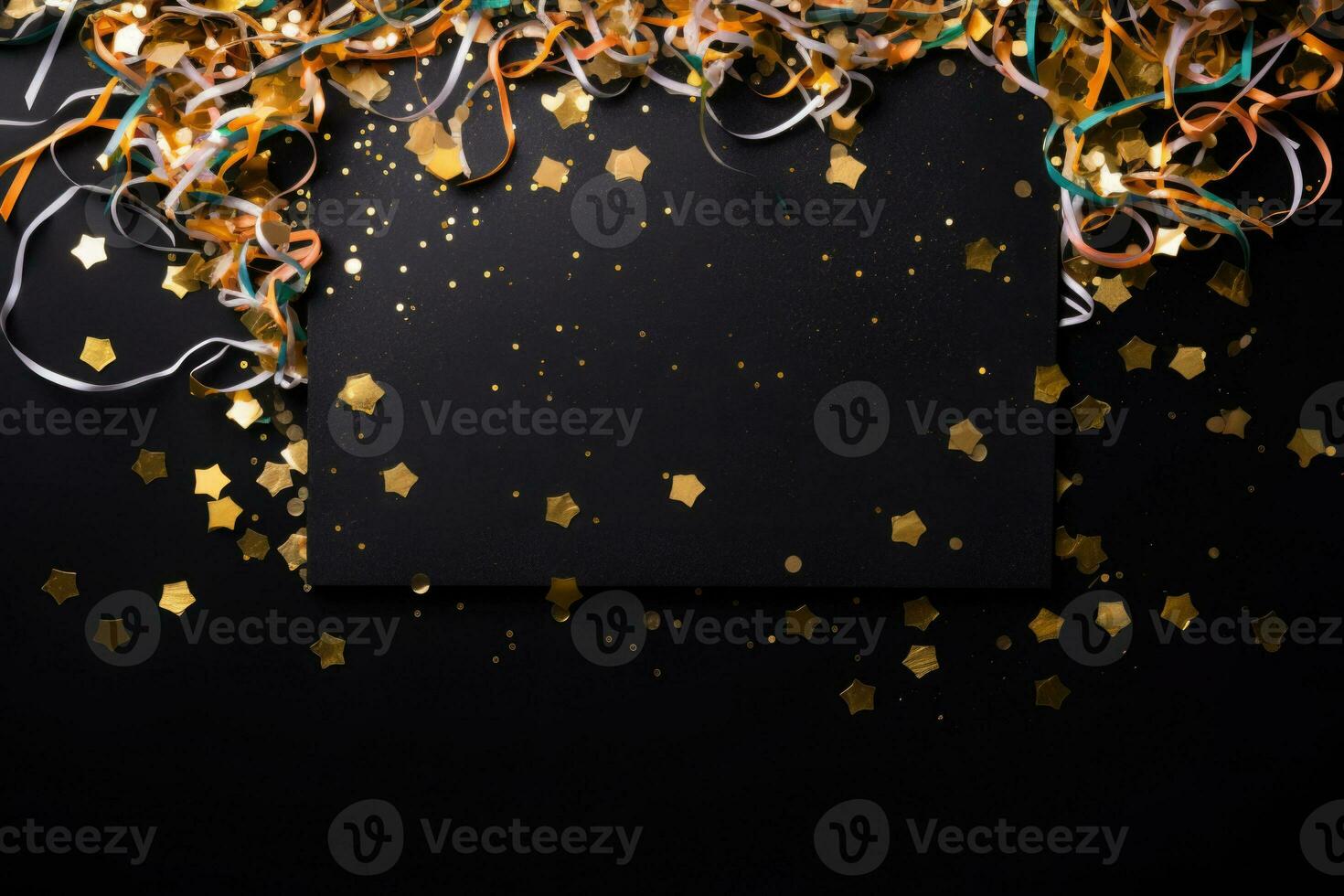 Black board, decorations and confetti on black background. AI generated photo