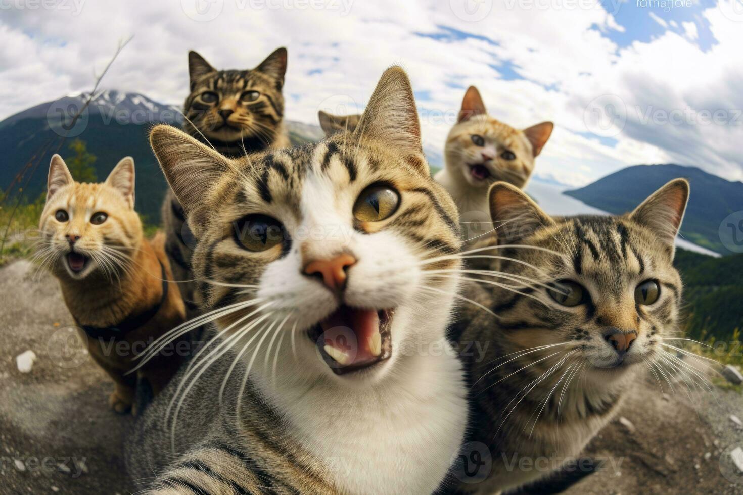 A group of cats taking a selfie on a blurred background. Generative AI photo