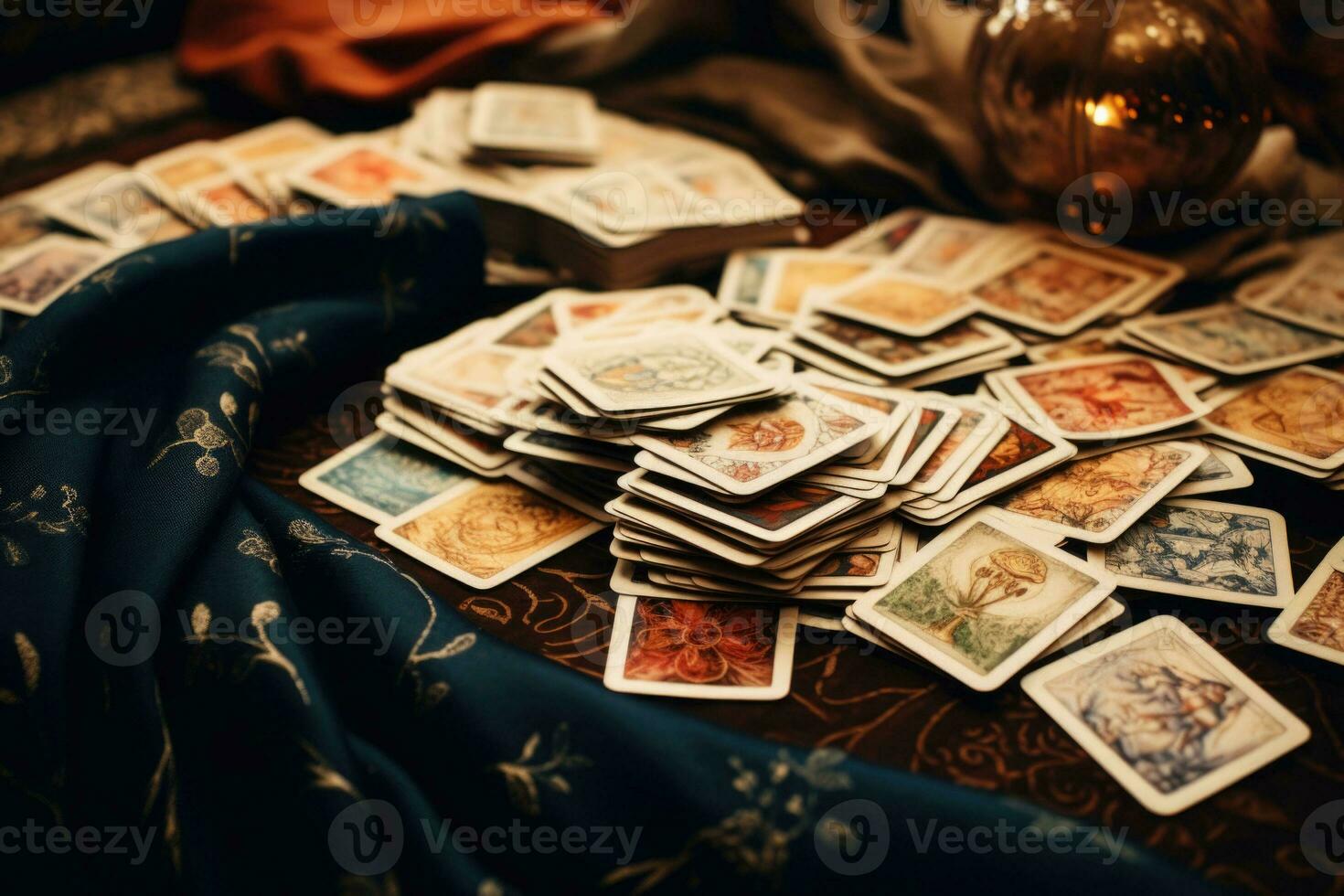A pile of tarot cards scattered across a table top. Esoteric background. Fortune telling, tarot predictions. Generative AI photo