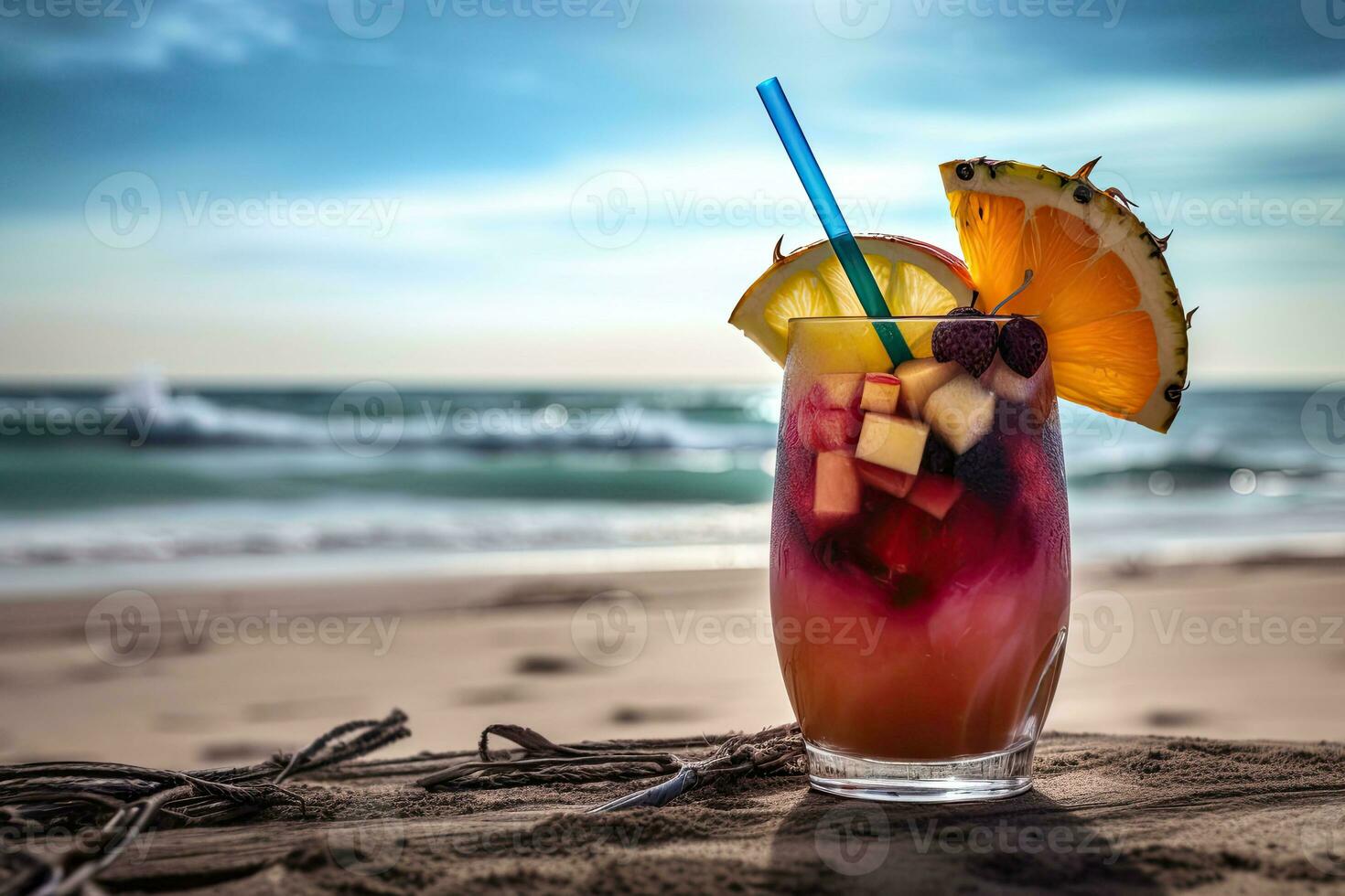 Tropical cocktail. Summer drinks and beach vacation background. Generative AI photo