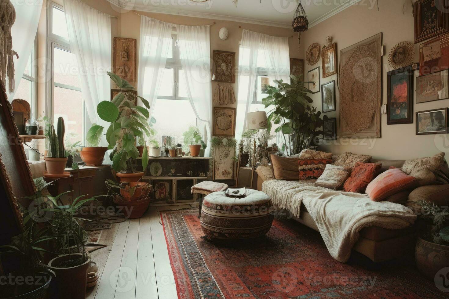 Ornate cozy bedroom in bohemian style. Pillows, plants in flower pot, sofa, carpets and decor on wall. Generative AI photo