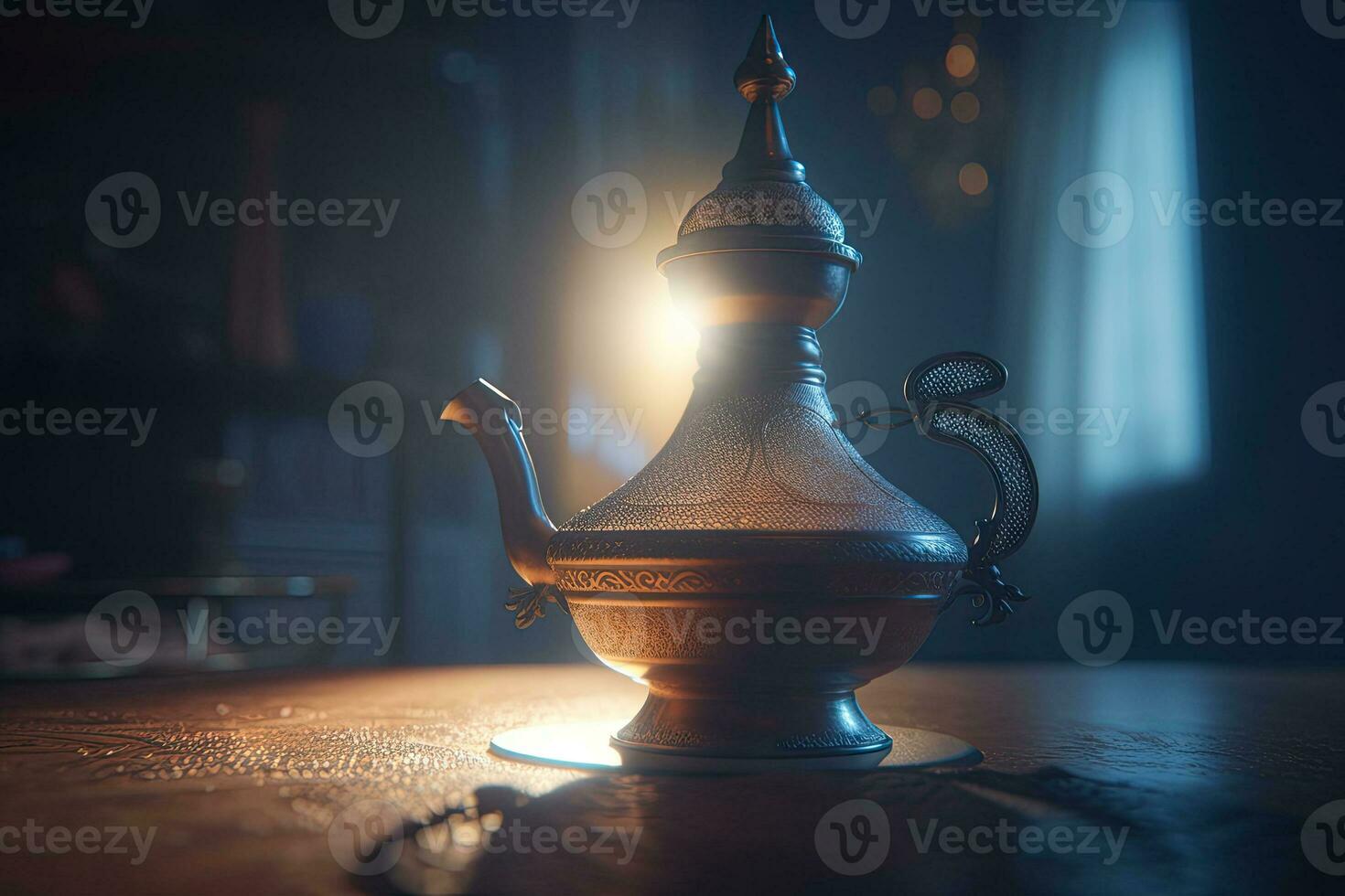 Ancient arabic lamp. Oil lamp in oriental style with floral texture. Generative AI photo