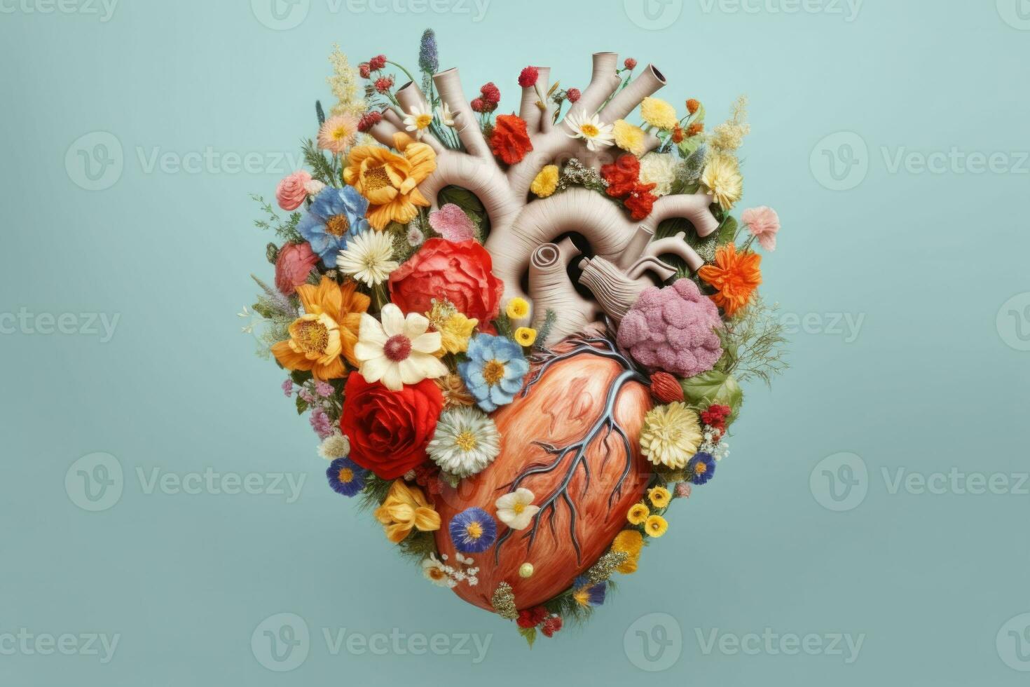 Human heart made of colorful wild flowers on pastel color background. Generative AI photo