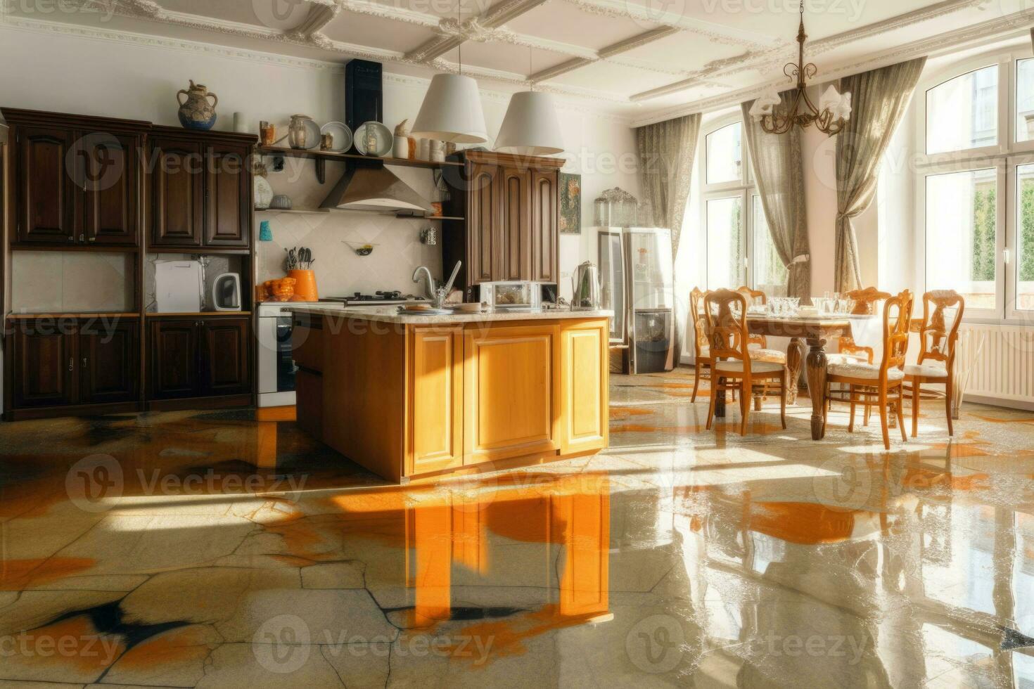 Flooded floor in kitchen from water leak. Damage. Property insurance. Generative AI photo