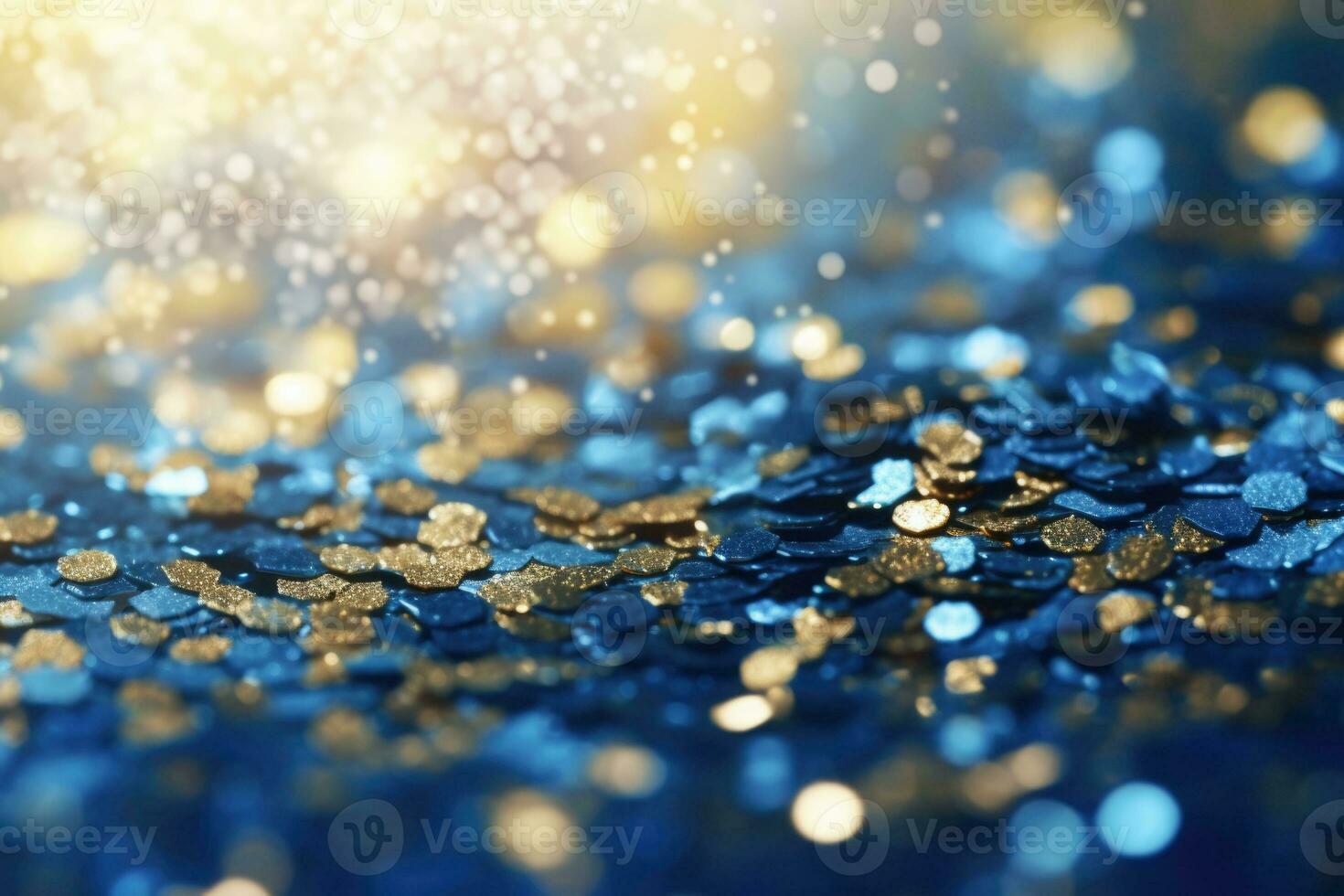 Glitter shiny golden and blue defocused background. Magic gold dust and glare. Generative AI photo