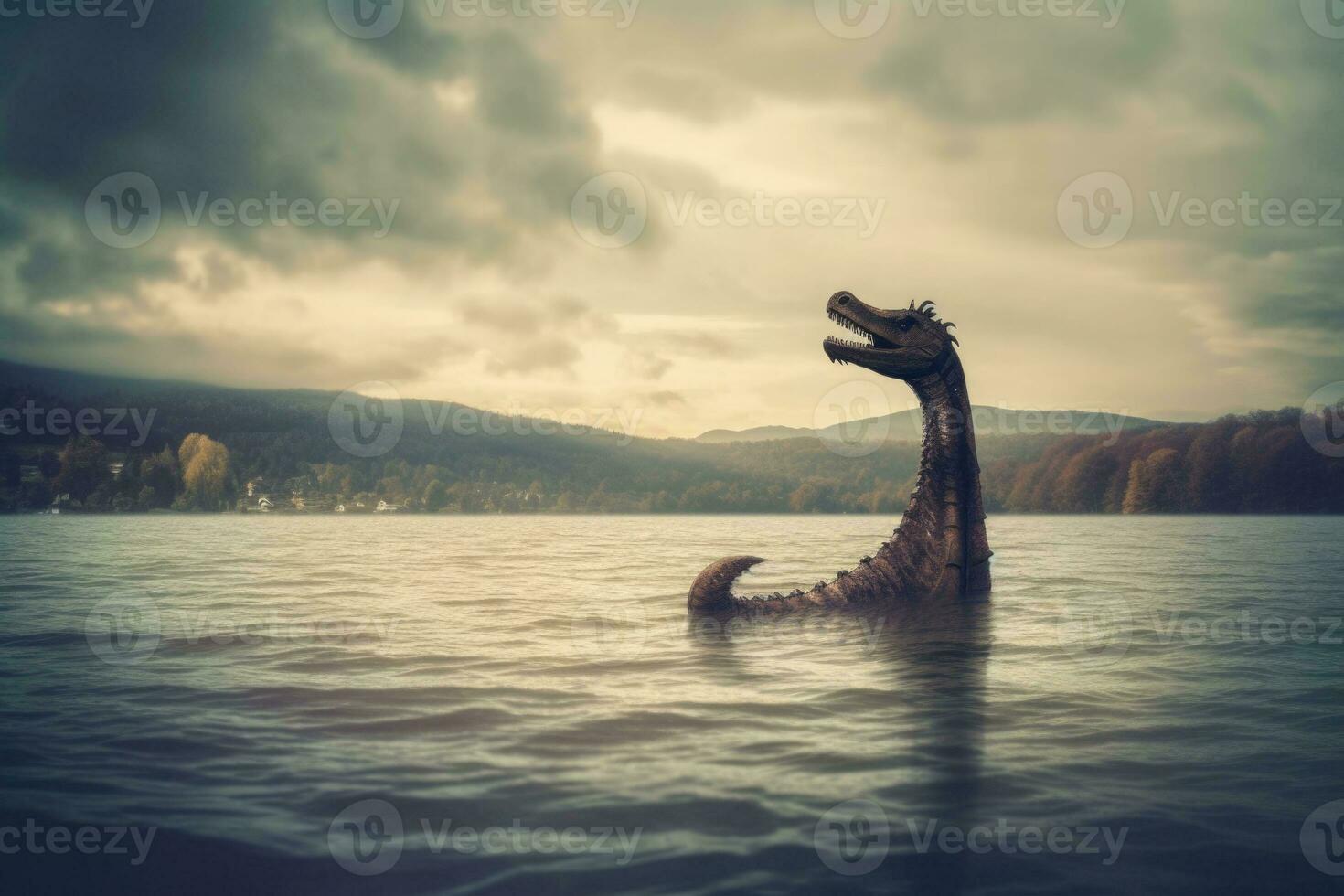 Loch Ness monster Nessie in the lake. Generative AI photo