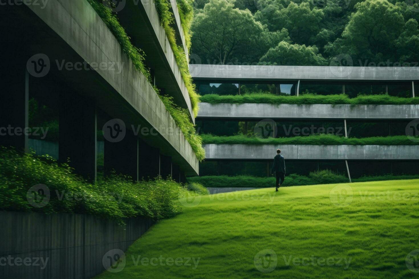 Modern architecture. Building with a grassy elements. An ecological village concept. Generative AI photo