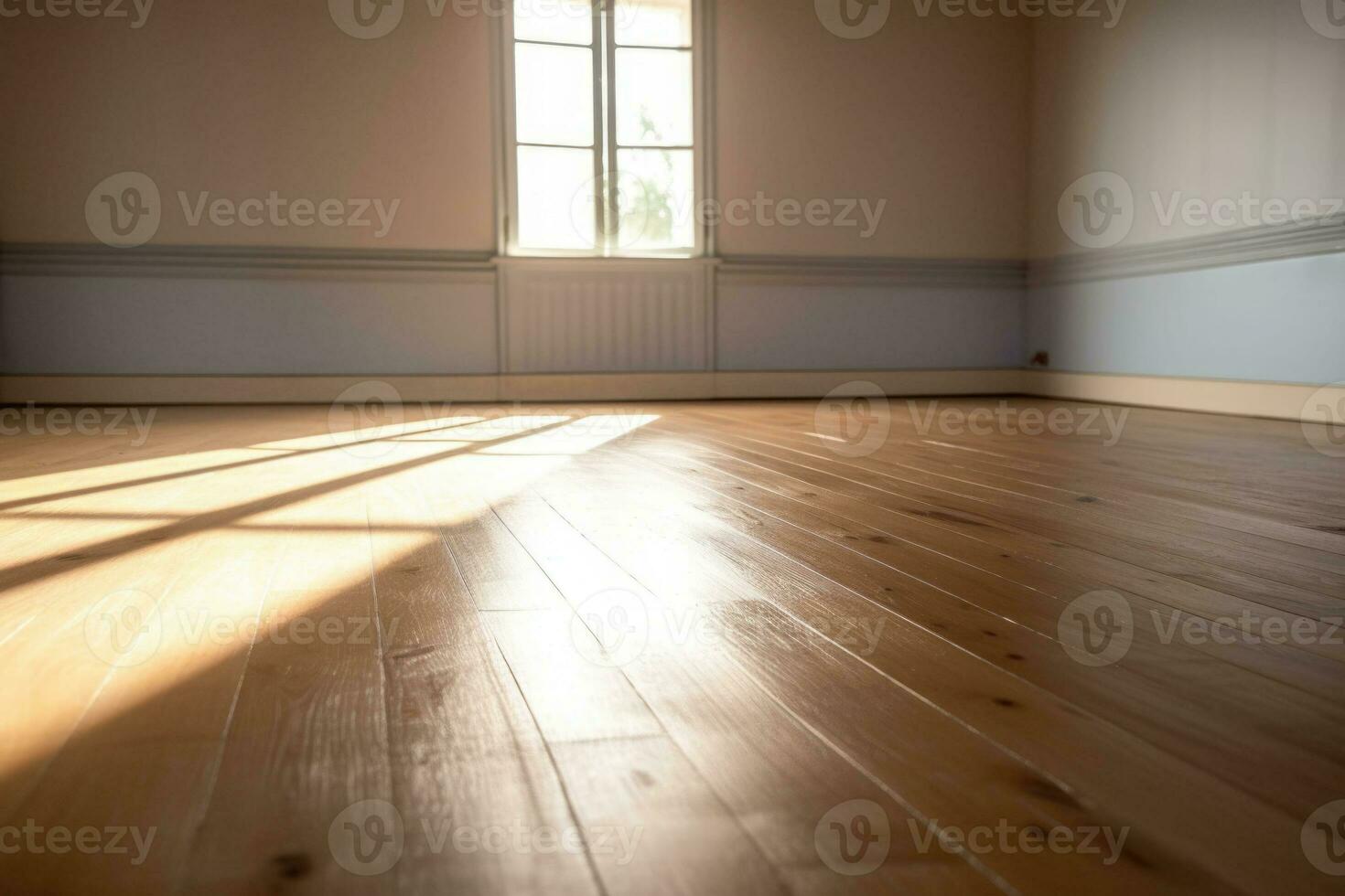 vivo habitación con luz de sol brillar mediante un corredizo puerta, de madera piso, blanco pared. generativo ai foto