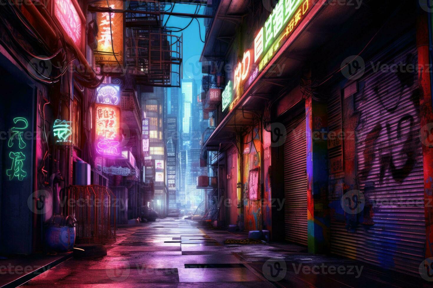 assassins , AI art, cyberpunk, city, neon, alleyway, city lights