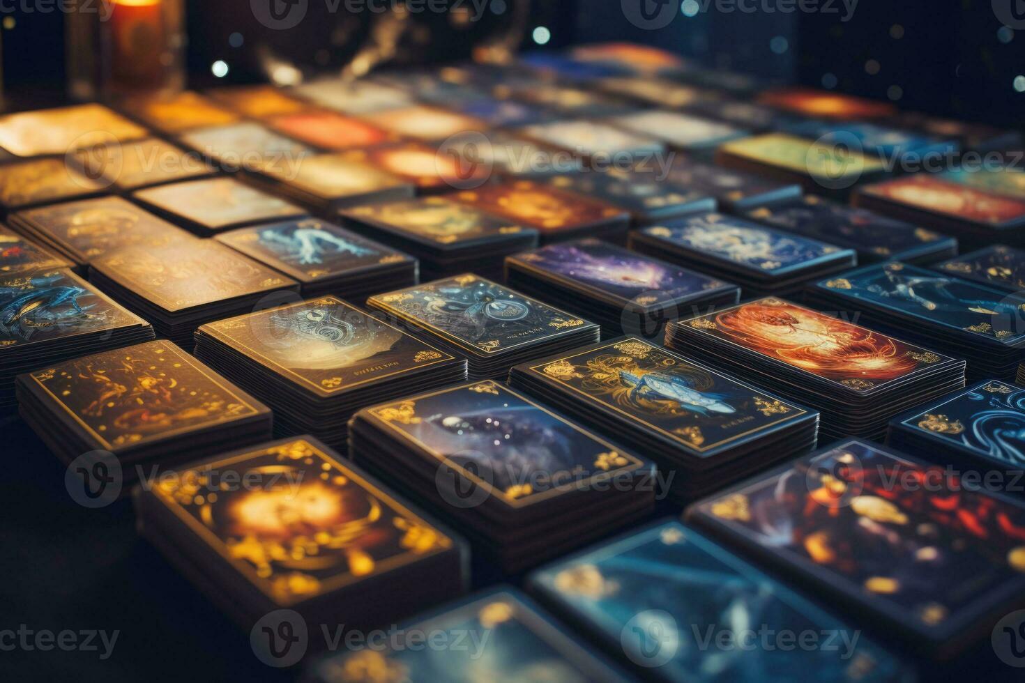 Stacks of different tarot cards with intricate illustrations. Esoteric and occult background. Fortune telling and divination ritual. Mystic concept. Generative AI photo