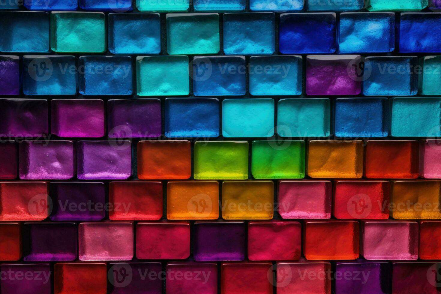 Colorful glass block wall texture. Shiny transparent thick glass tiles with seams background. Generative AI photo