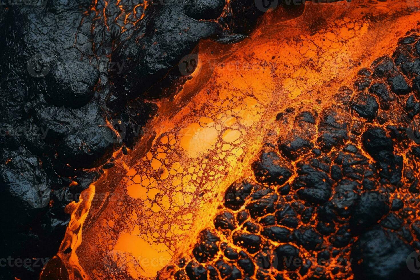 Close up of a lava flow of volcano. Generative AI photo