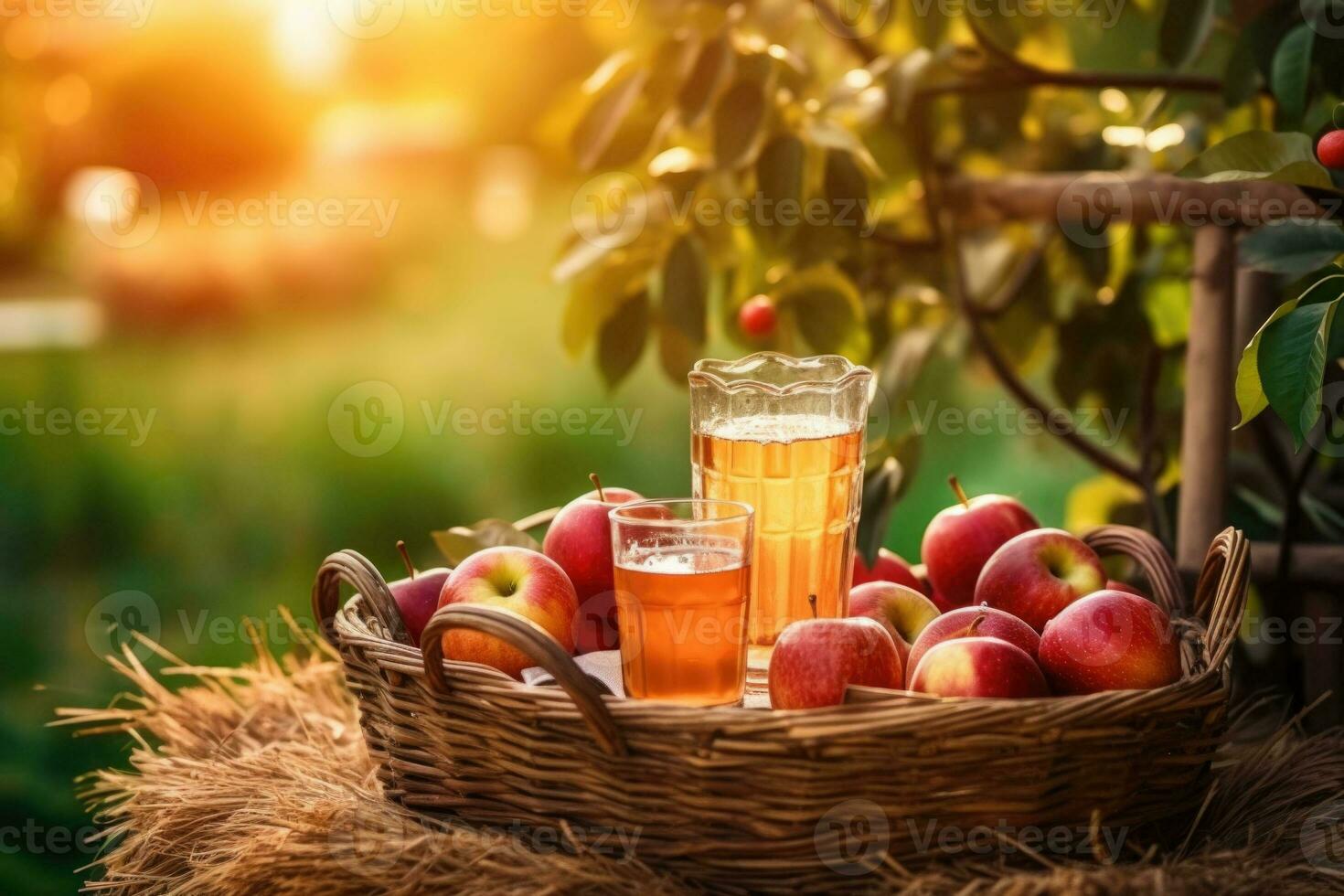 Delicious ripe apples and glass of juice on apple garden background in summer. Generative AI photo