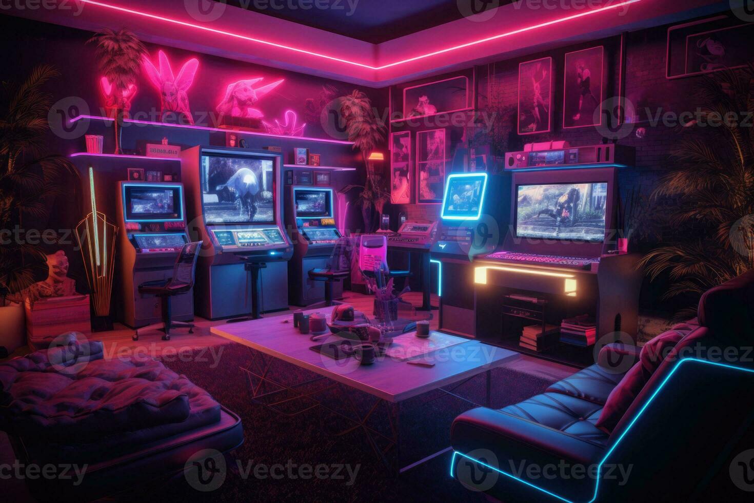 Gaming room. Neon illuminated room with computers. Generative AI photo