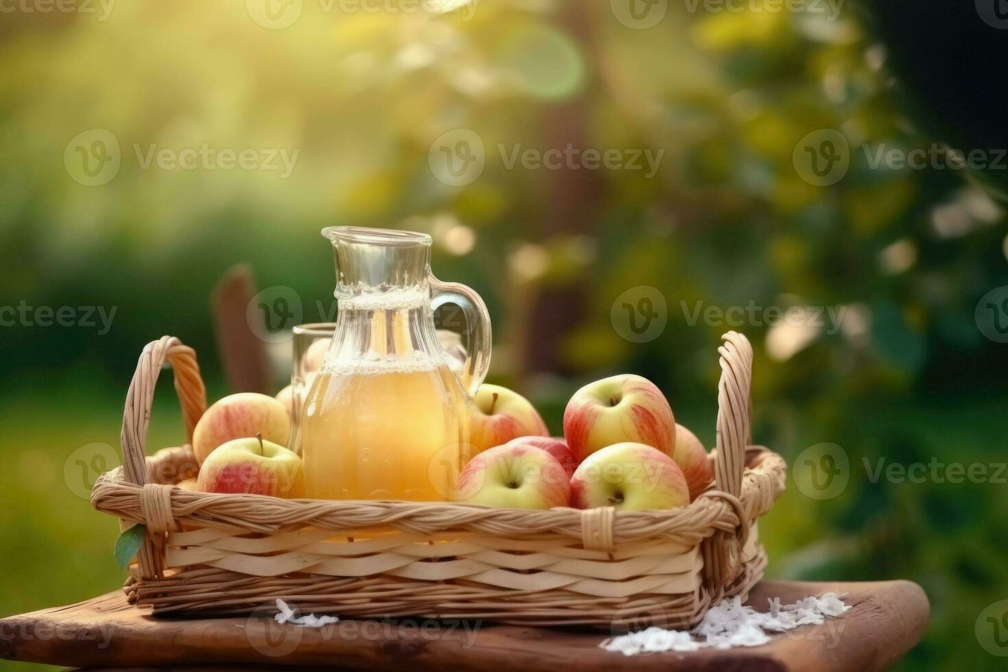 Delicious ripe apples and glass of juice on apple garden background in summer. Generative AI photo