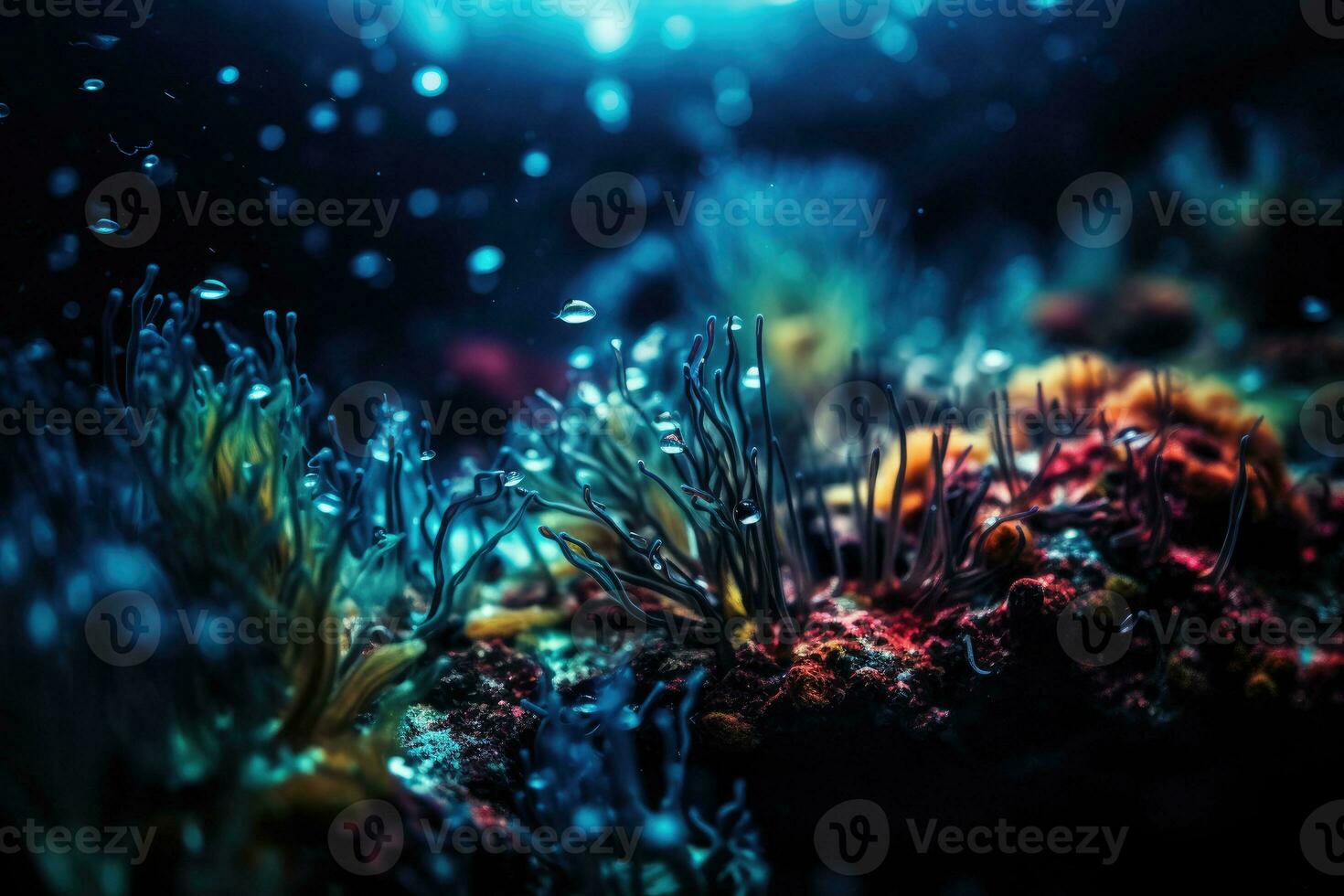 Animals of the underwater world with sun rays. Coral reef and fish. Generative AI photo