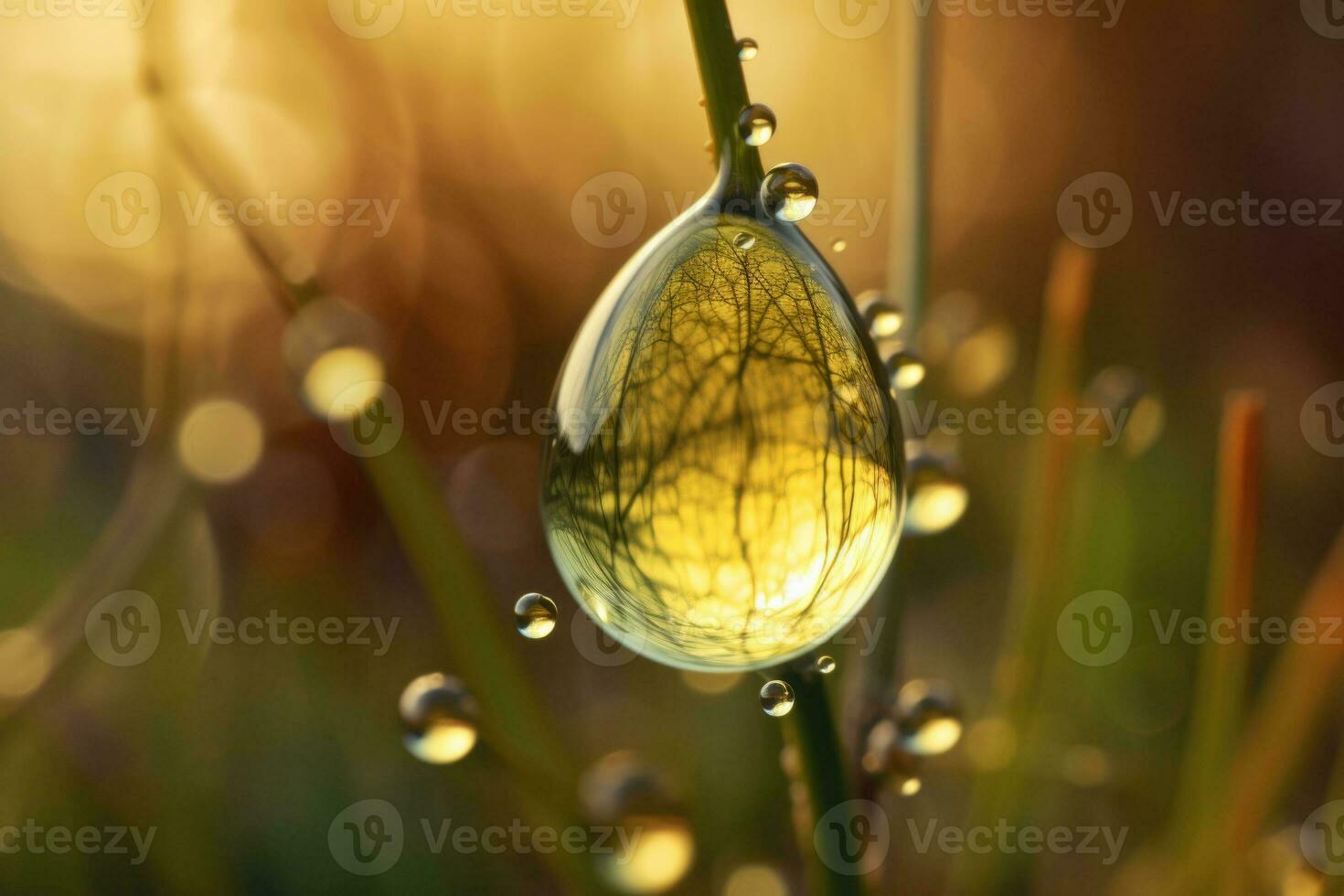Transparent drop of water on a leaf. Drops of dew in the morning glow in the sun. Generative AI photo