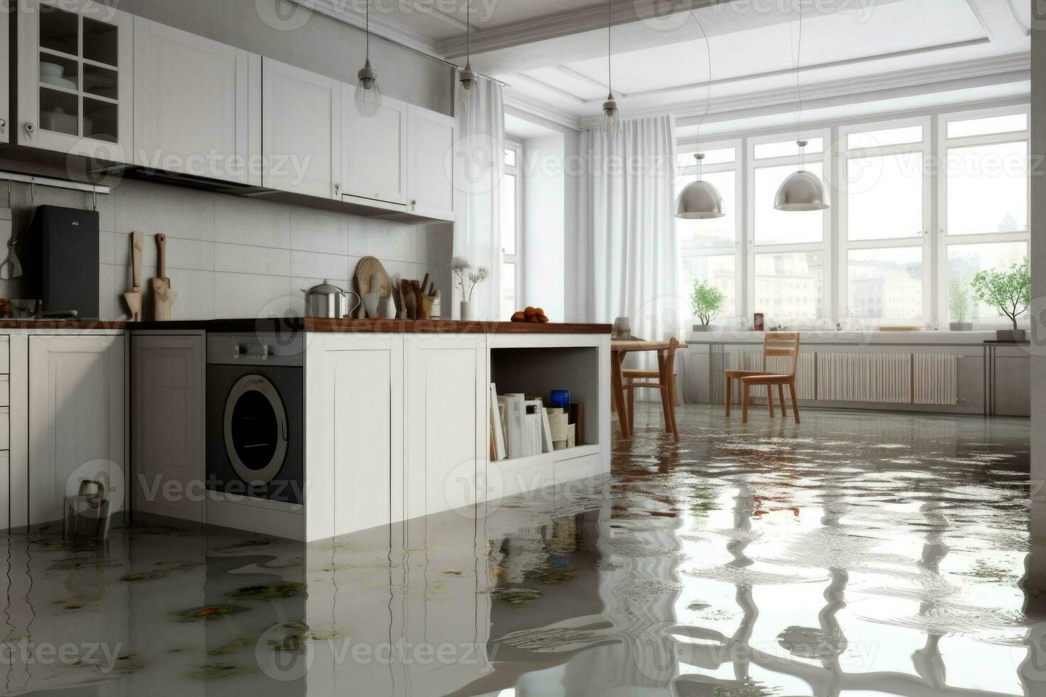 Flooded floor in kitchen from water leak. Damage. Property insurance. Generative AI photo