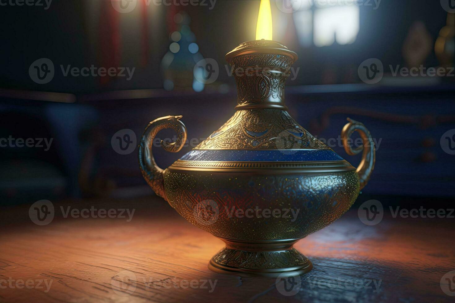 Ancient arabic lamp. Oil lamp in oriental style with floral texture. Generative AI photo