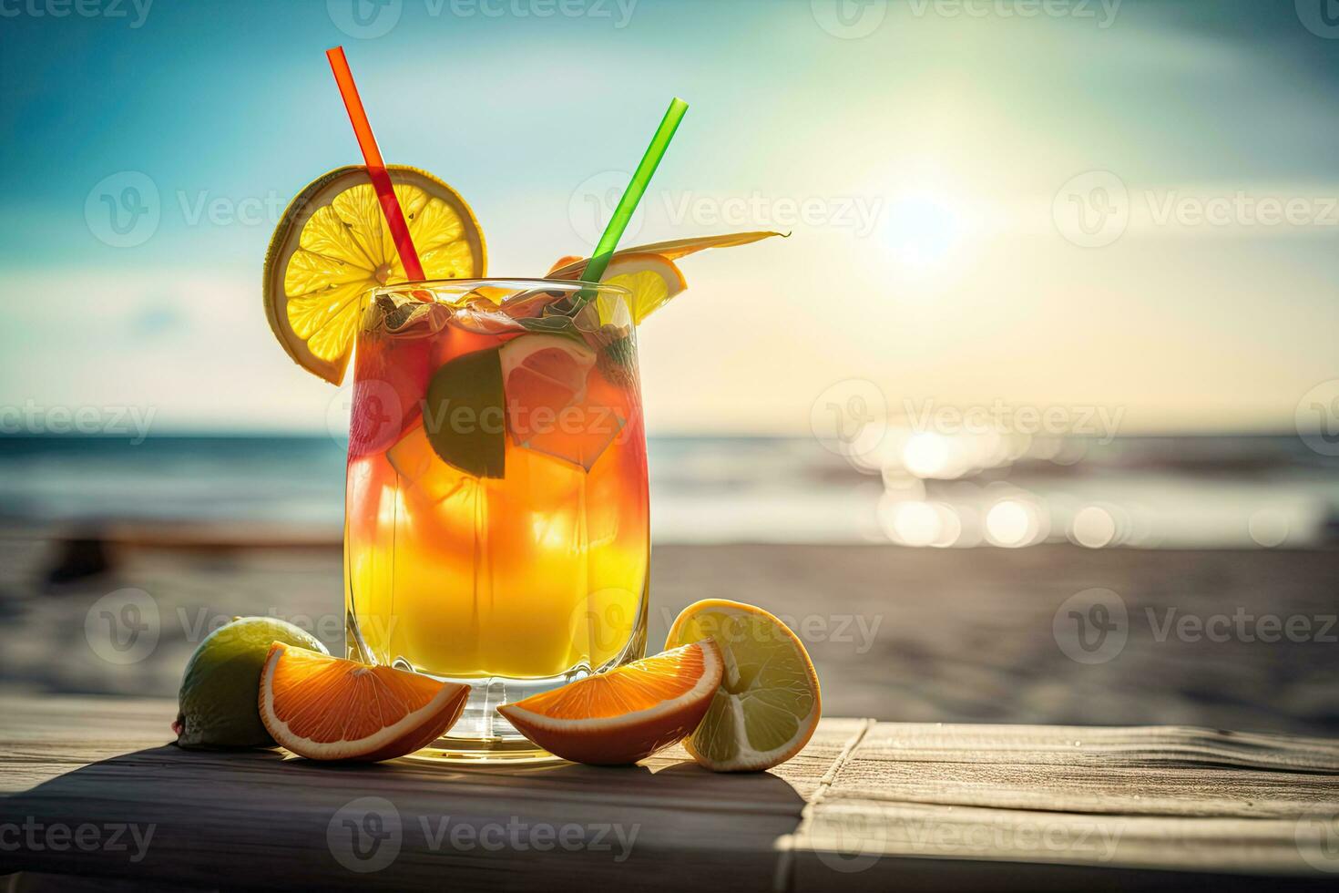 Tropical cocktail. Summer drinks and beach vacation background. Generative AI photo