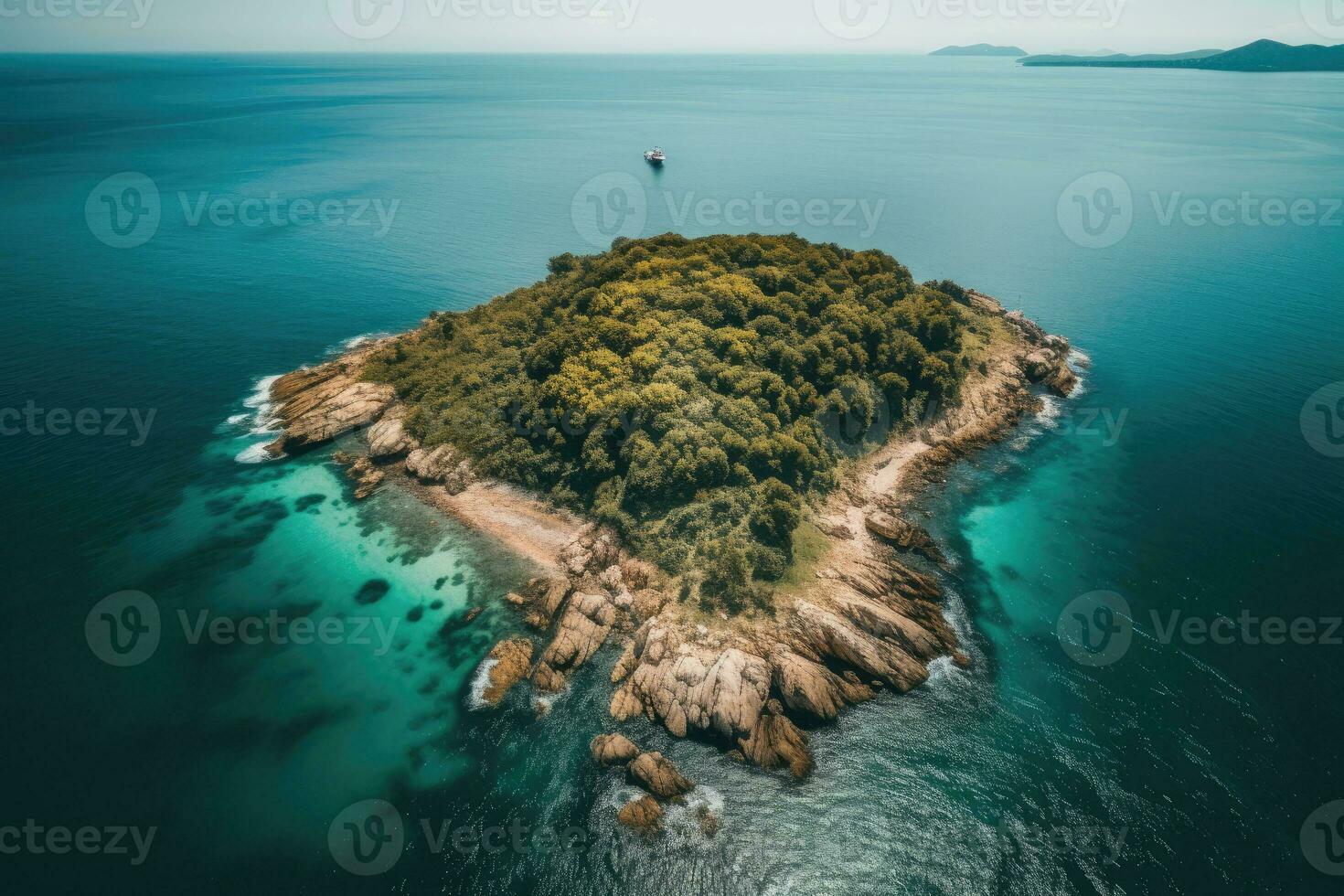 un tropical isla en el medio de el océano. parte superior vista. verde palma arboles y playa en el isla. generativo ai foto