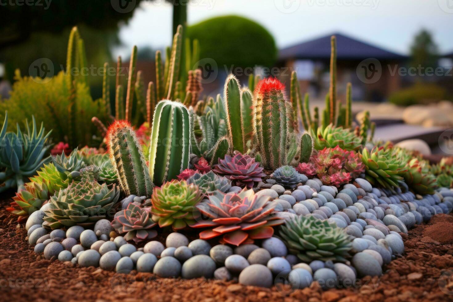 Succulent landscaping garden with rocks and variety of cactus at the