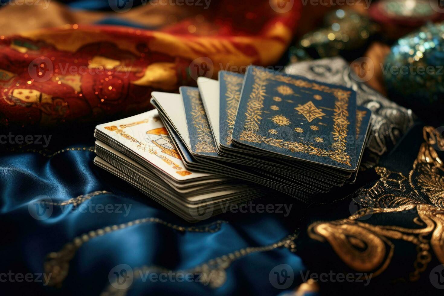 A pile of tarot cards scattered across a table top. Esoteric background. Fortune telling, tarot predictions. Generative AI photo