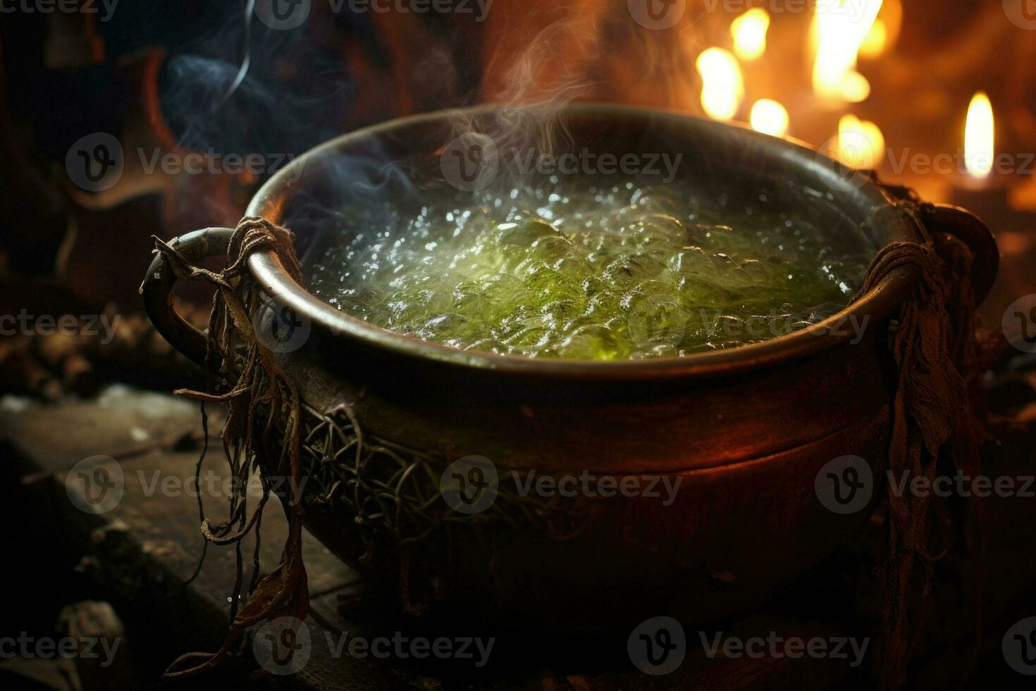 Bubbling cauldron in a dark witchs lair. AI generated photo