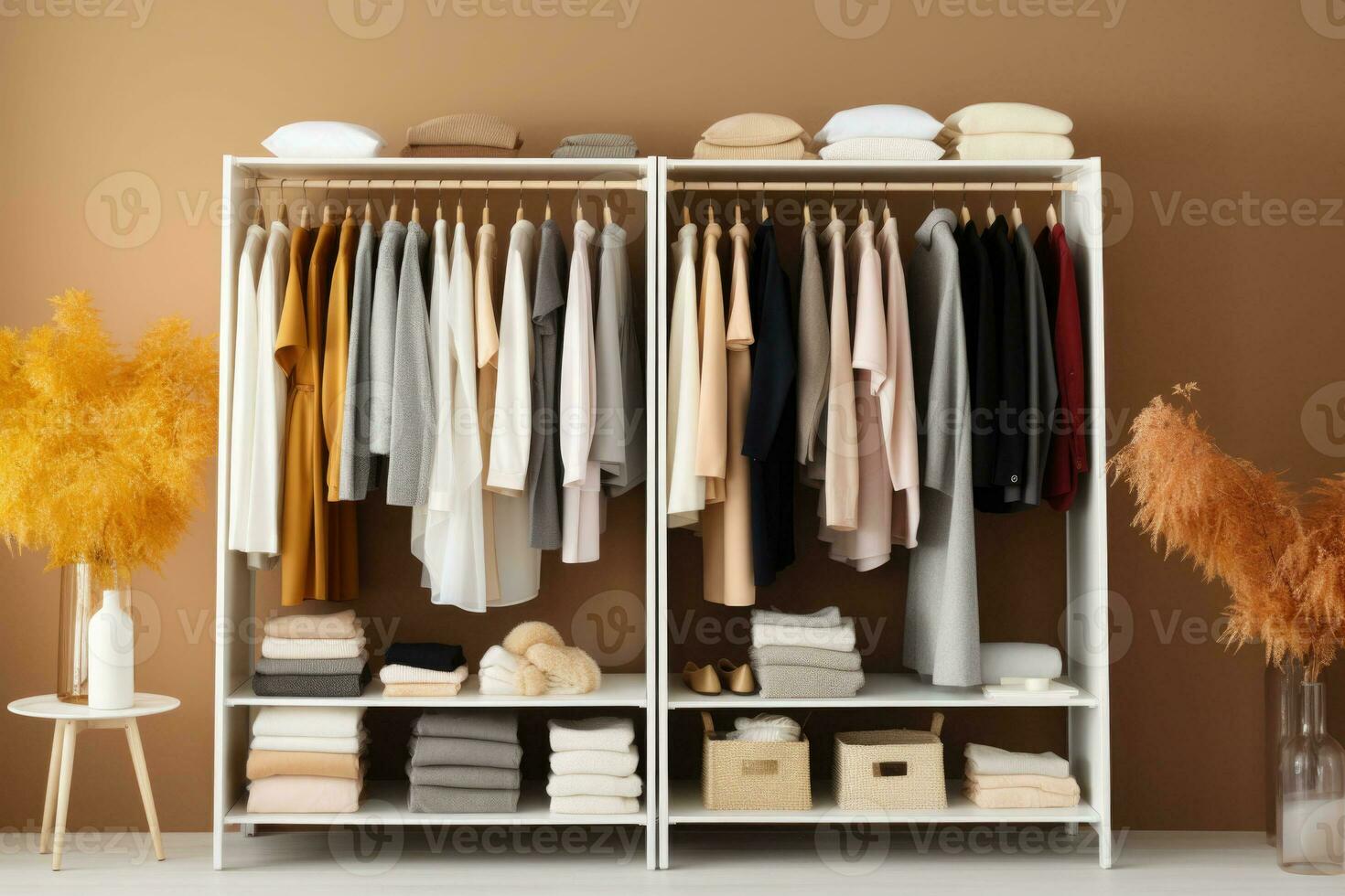 Minimalist monochromatic wardrobe. Closet filled with clothing, neatly