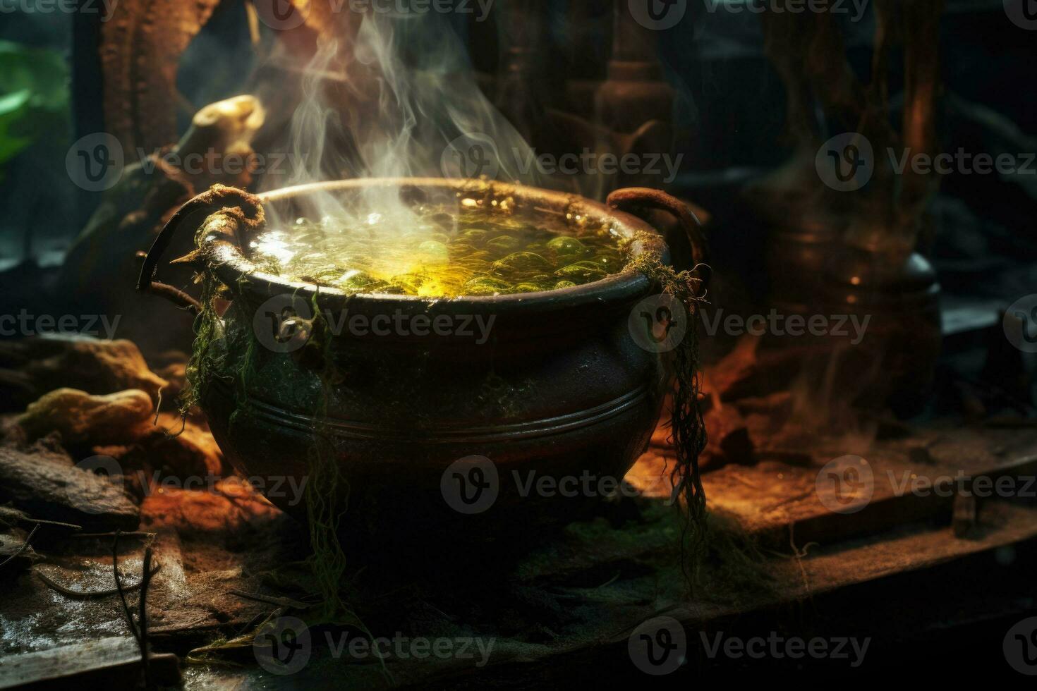 Bubbling cauldron in a dark witchs lair. AI generated photo