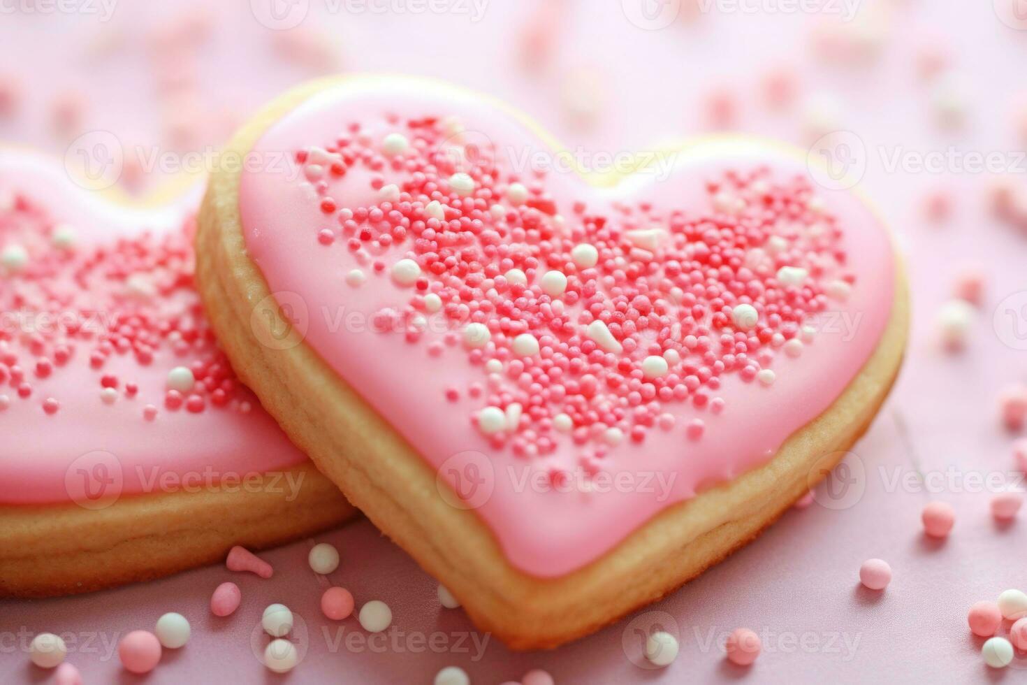 Heart shaped cookie with pink icing and heart sprinkles. Valentine's day treat. Generative AI photo