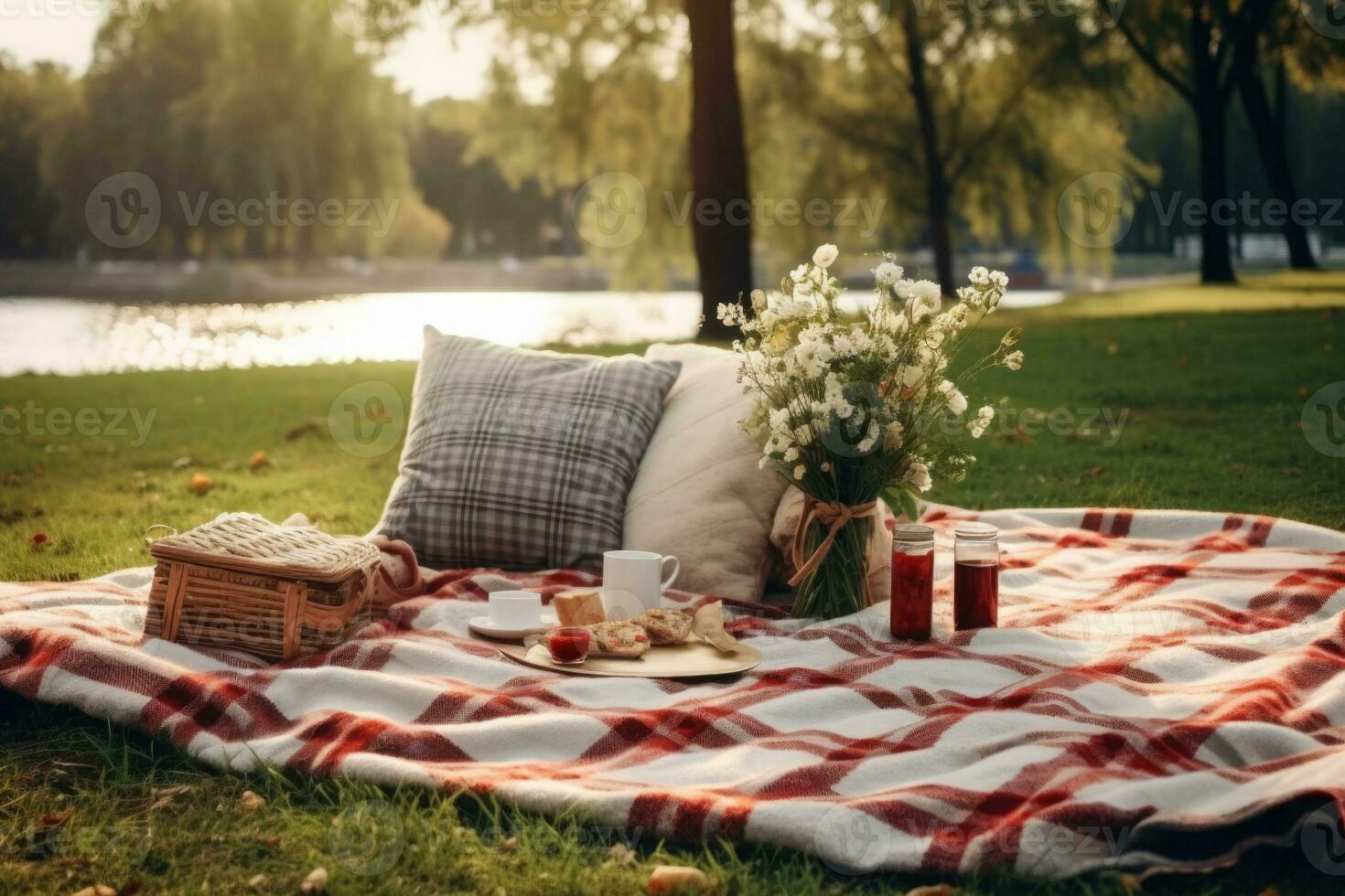 Cozy autumn picnic in the park with sandwiches and a plaid blanket. Generative AI photo