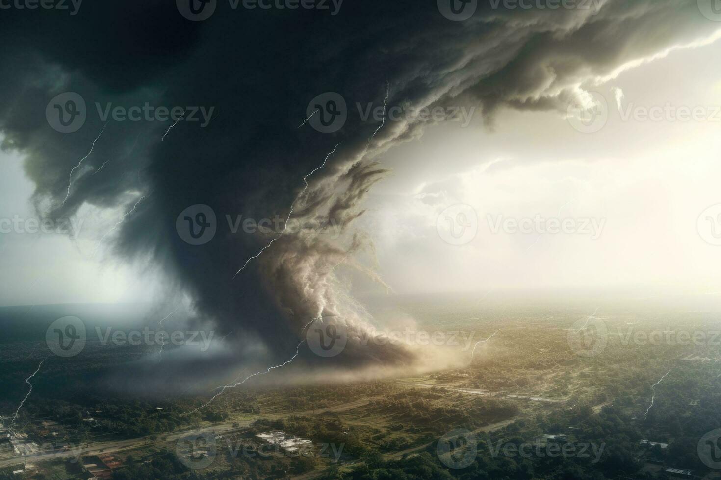 A powerful tornado forming destruction over a populated landscape. A swirling vortex of wind and debris. Generative AI photo