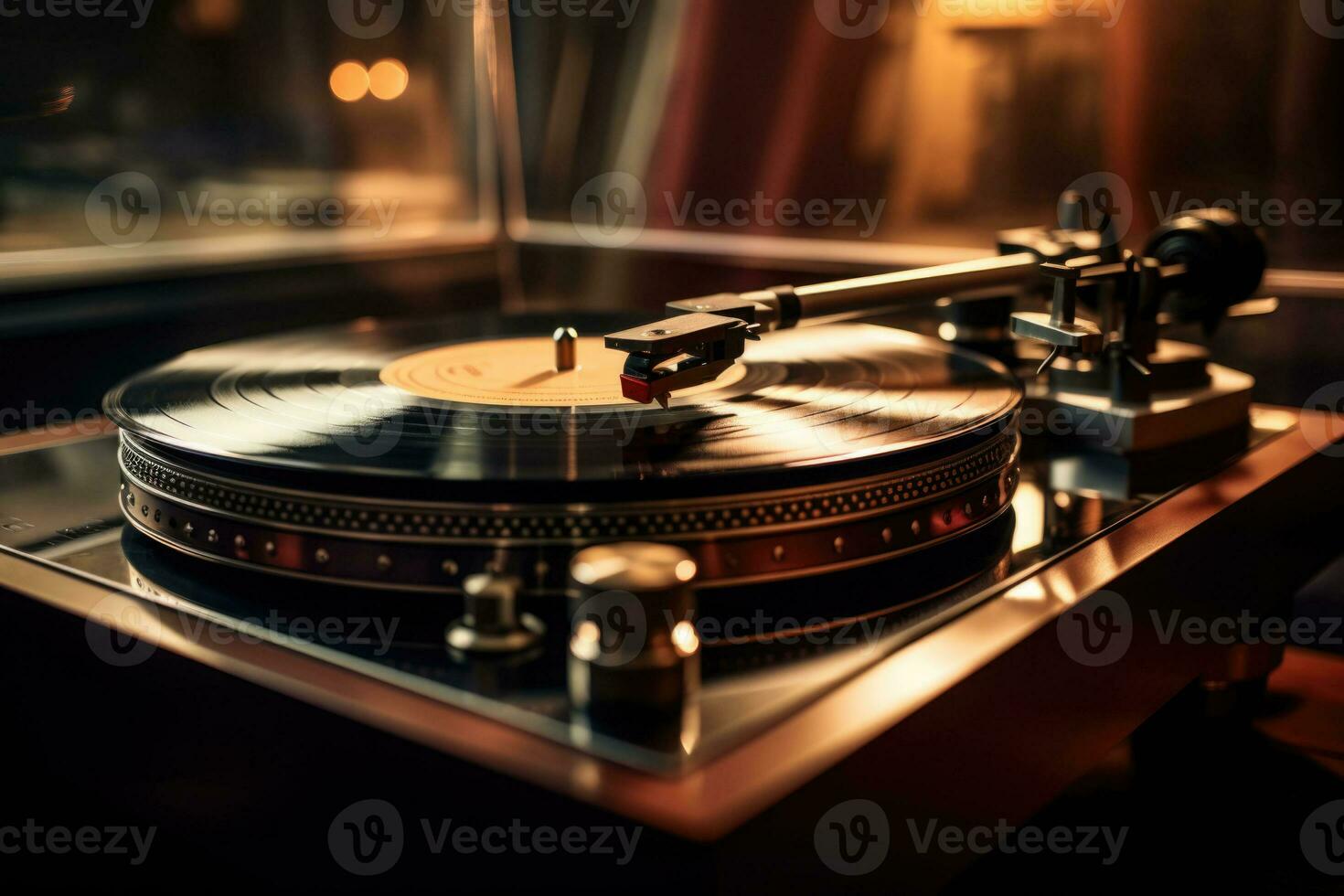 Clásico grabar jugador con vinilo Dto en mesa en habitación. generativo ai foto