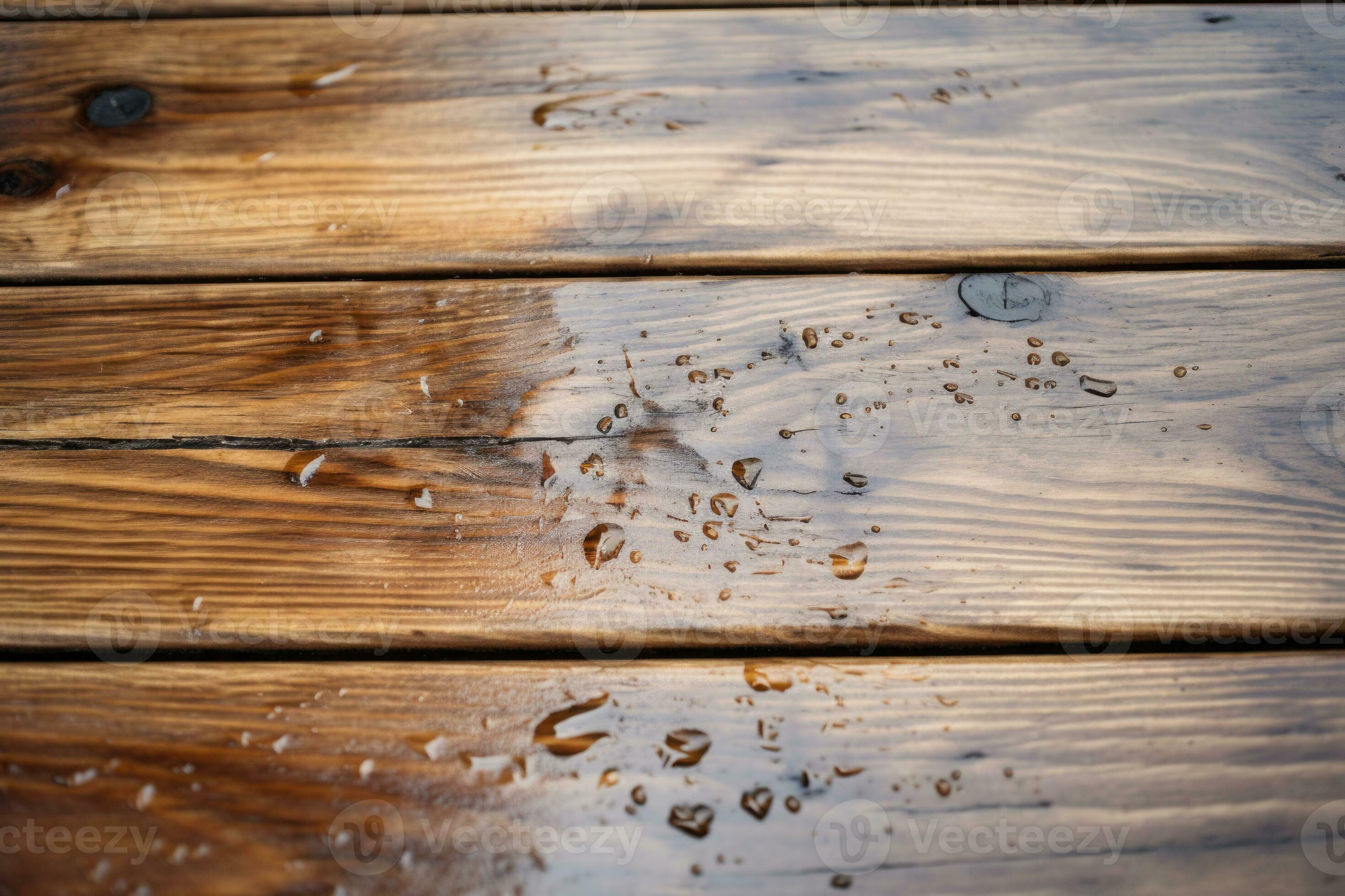 The wet wooden surface. Wood table background with rain water droplets