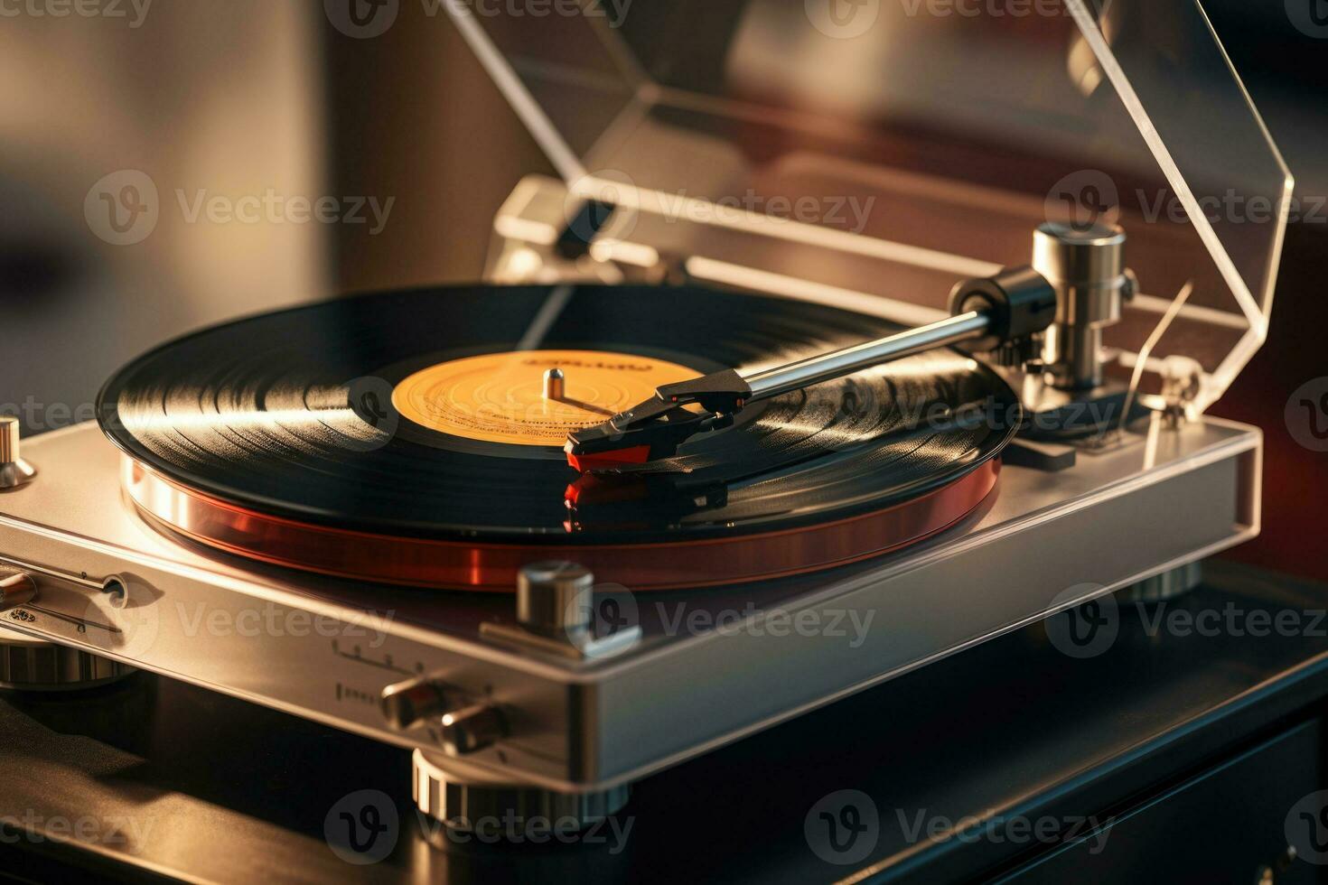 Vintage record player with vinyl disc on table in room. Generative AI photo