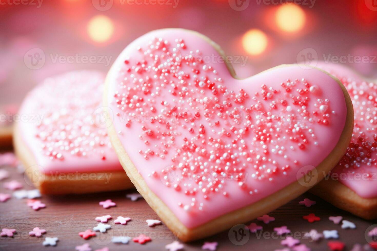 Heart shaped cookie with pink icing and heart sprinkles. Valentine's day treat. Generative AI photo