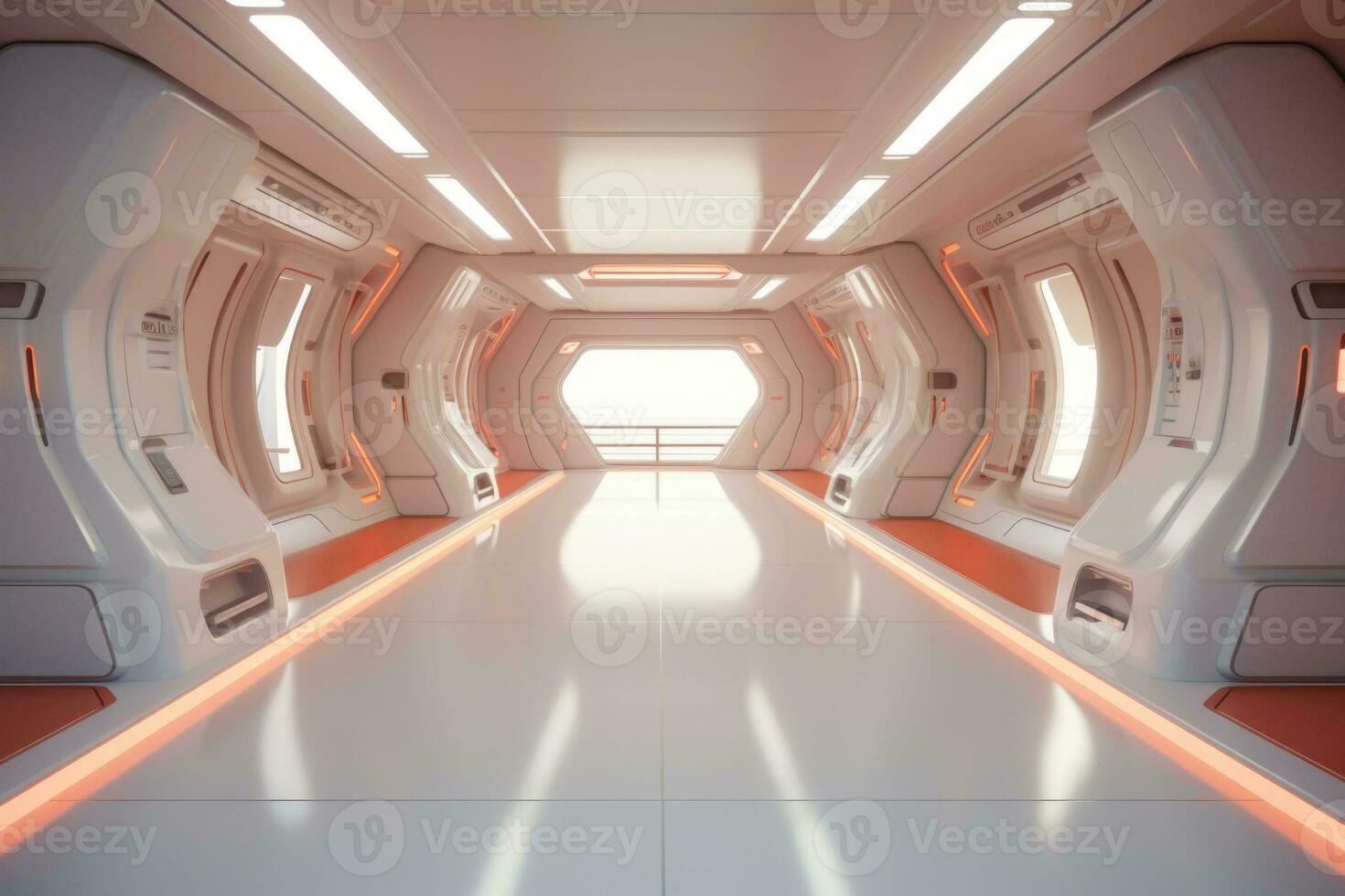 A hallway in a futuristic spaceship. Corridor inside space station. Generative AI photo