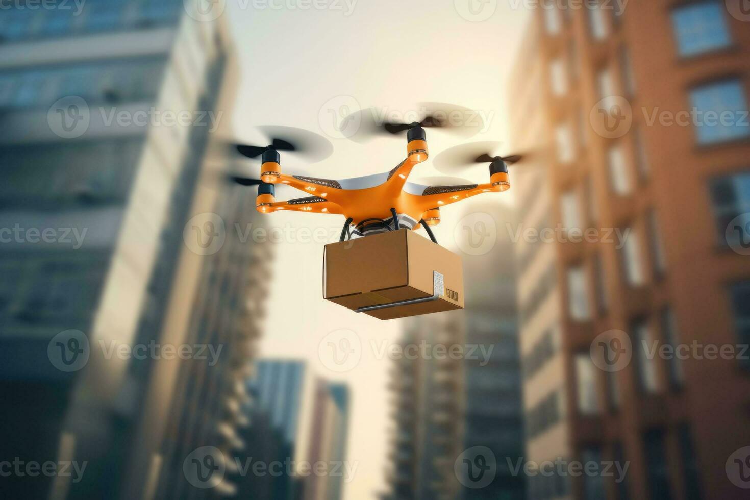 The drone is hoisting a cardboard package into urban city. Drone delivery concept. Generative AI photo