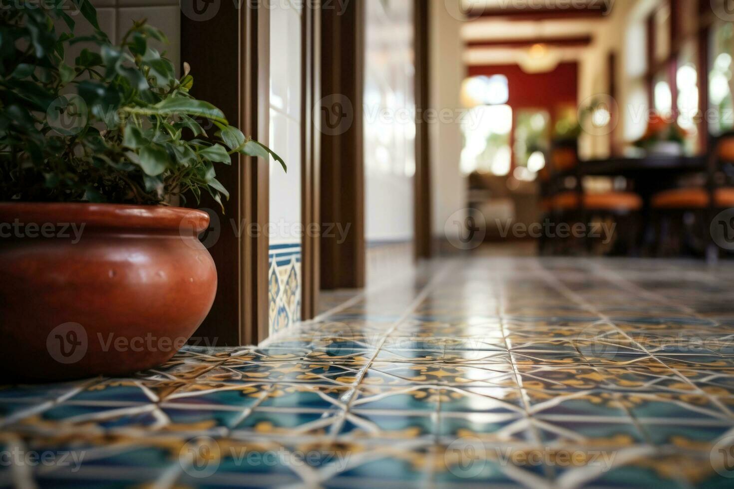 Colorful patterned tiles. Tile work of a classic style home. Generative AI photo