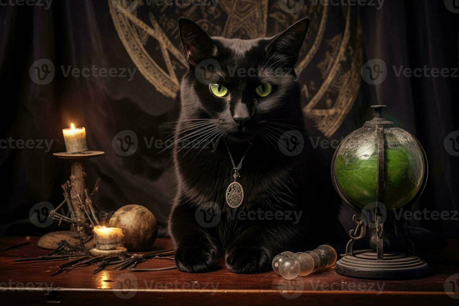 Black cat with green eyes and a crystal ball. Old wooden table with scattered spell ingredients. Generative AI photo