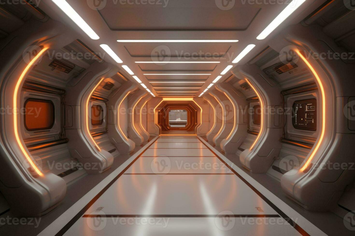 A hallway in a futuristic spaceship. Corridor inside space station. Generative AI photo