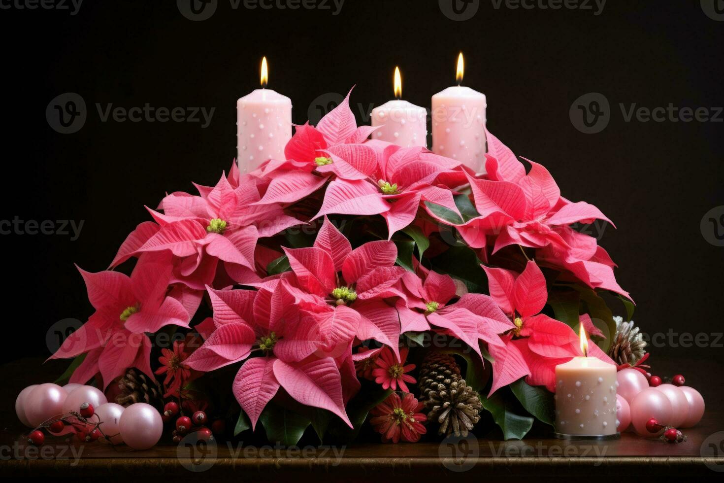 un festivo fiesta arreglo presentando rosado flor de pascua y velas generativo ai foto