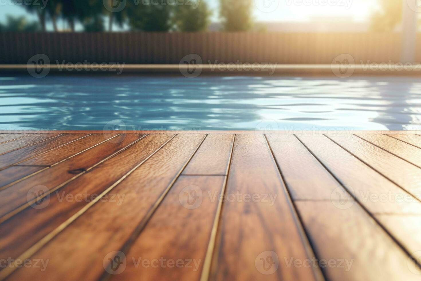 Wooden surface with a blurred background of a swimming pool. Generative AI photo