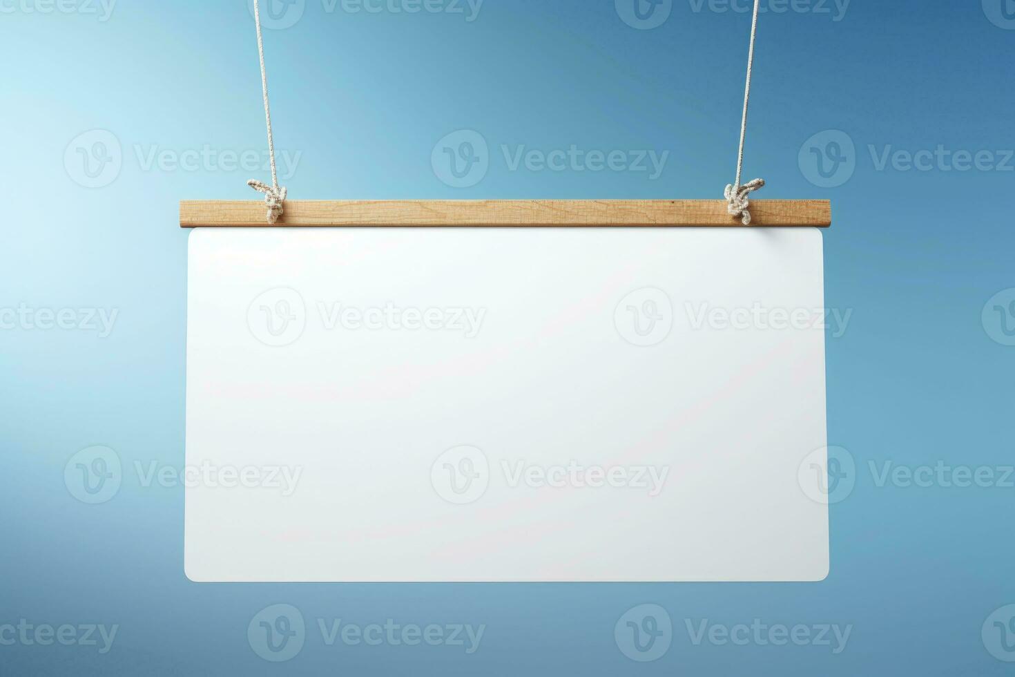 Blank white signboard with hanging with string on blue background. Generative AI photo