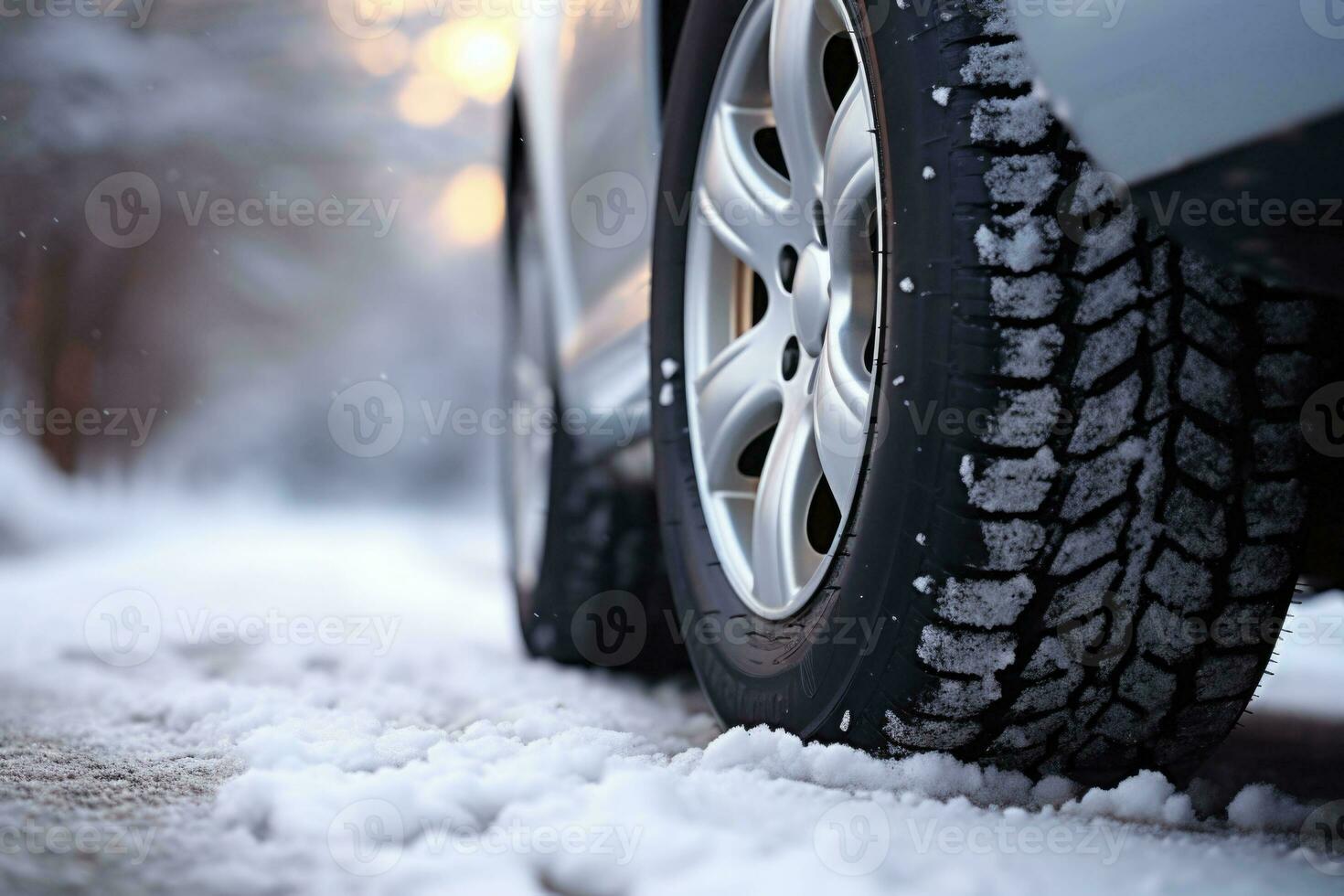 Car tires in winter on the road covered with snow. Generative AI photo