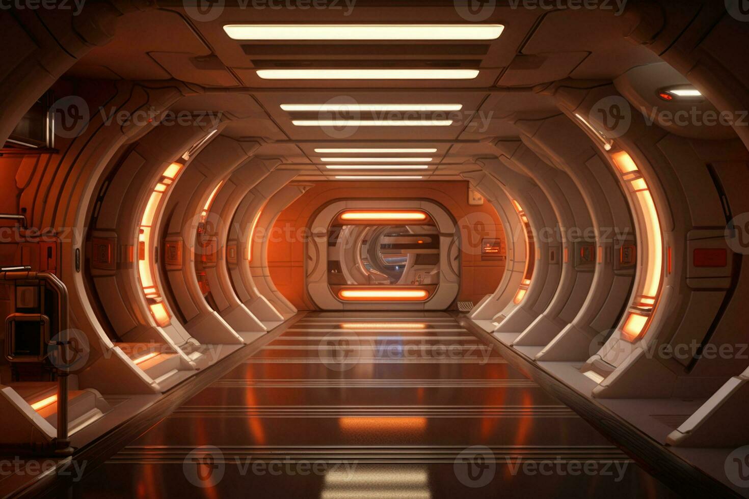 A hallway in a futuristic spaceship. Corridor inside space station. Generative AI photo