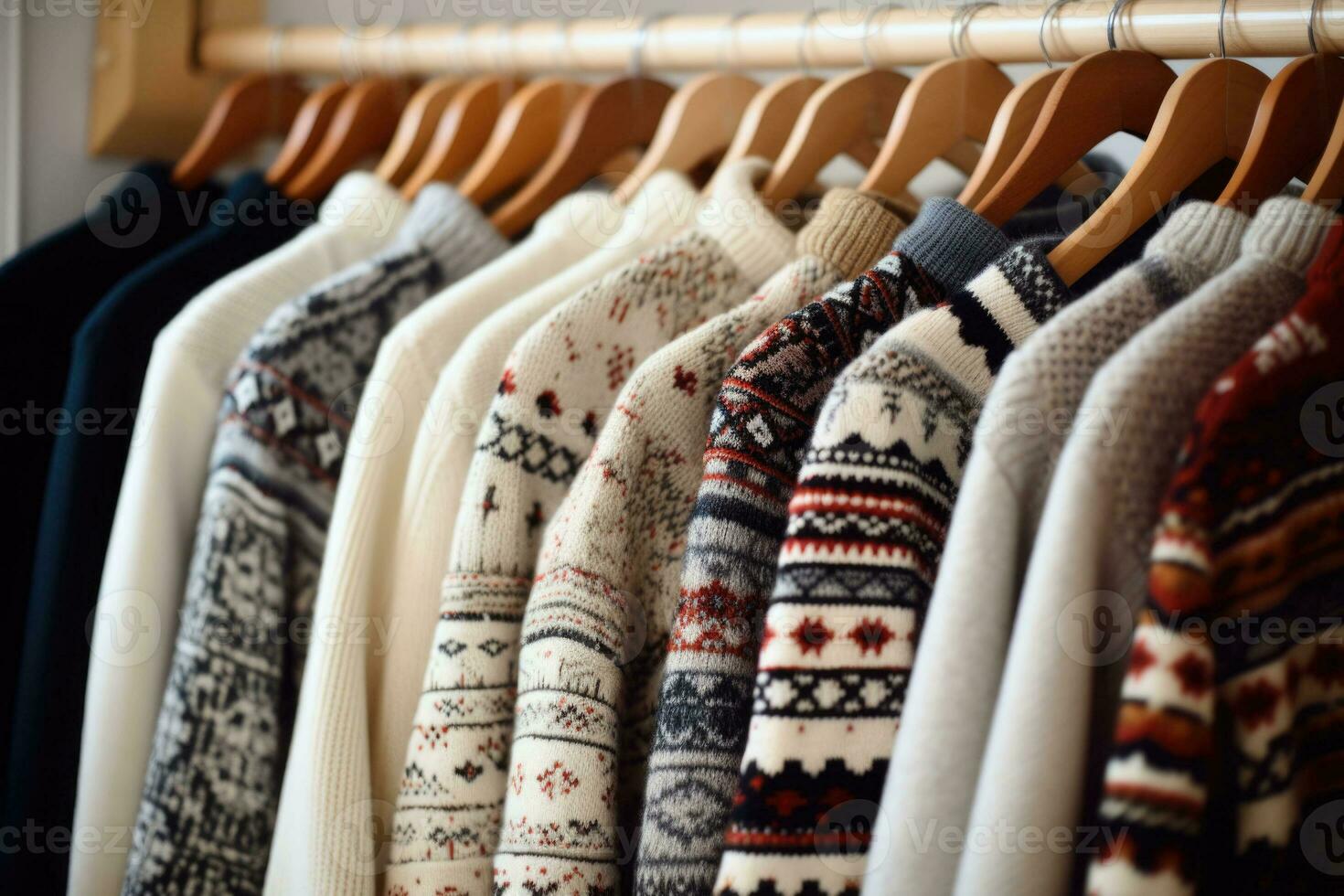 Row of ornate warm knitted sweaters hang on hangers. Generative AI photo